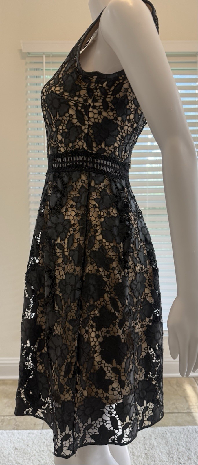 Romeo & Juliet Couture Black and Nude Floral Eyelet Lace Illusion Dress SizeS