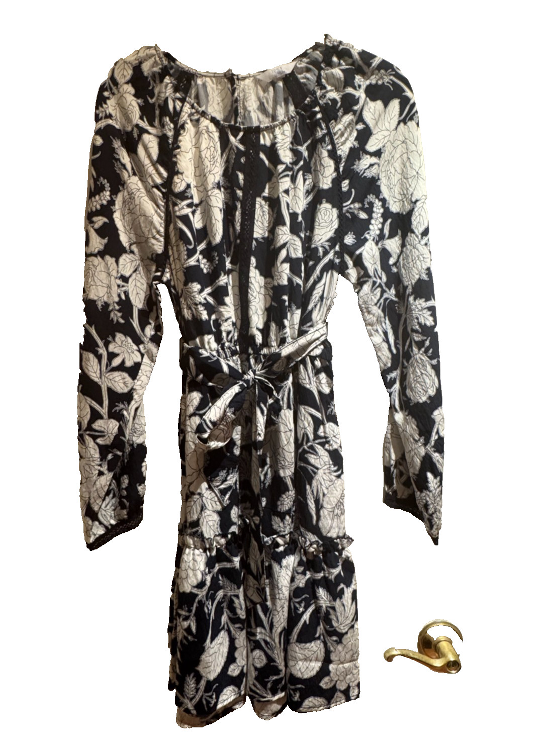 Time & Tru Navy White Floral Tiered Belted Dress Scoop Neck Easy Care 8 10 M