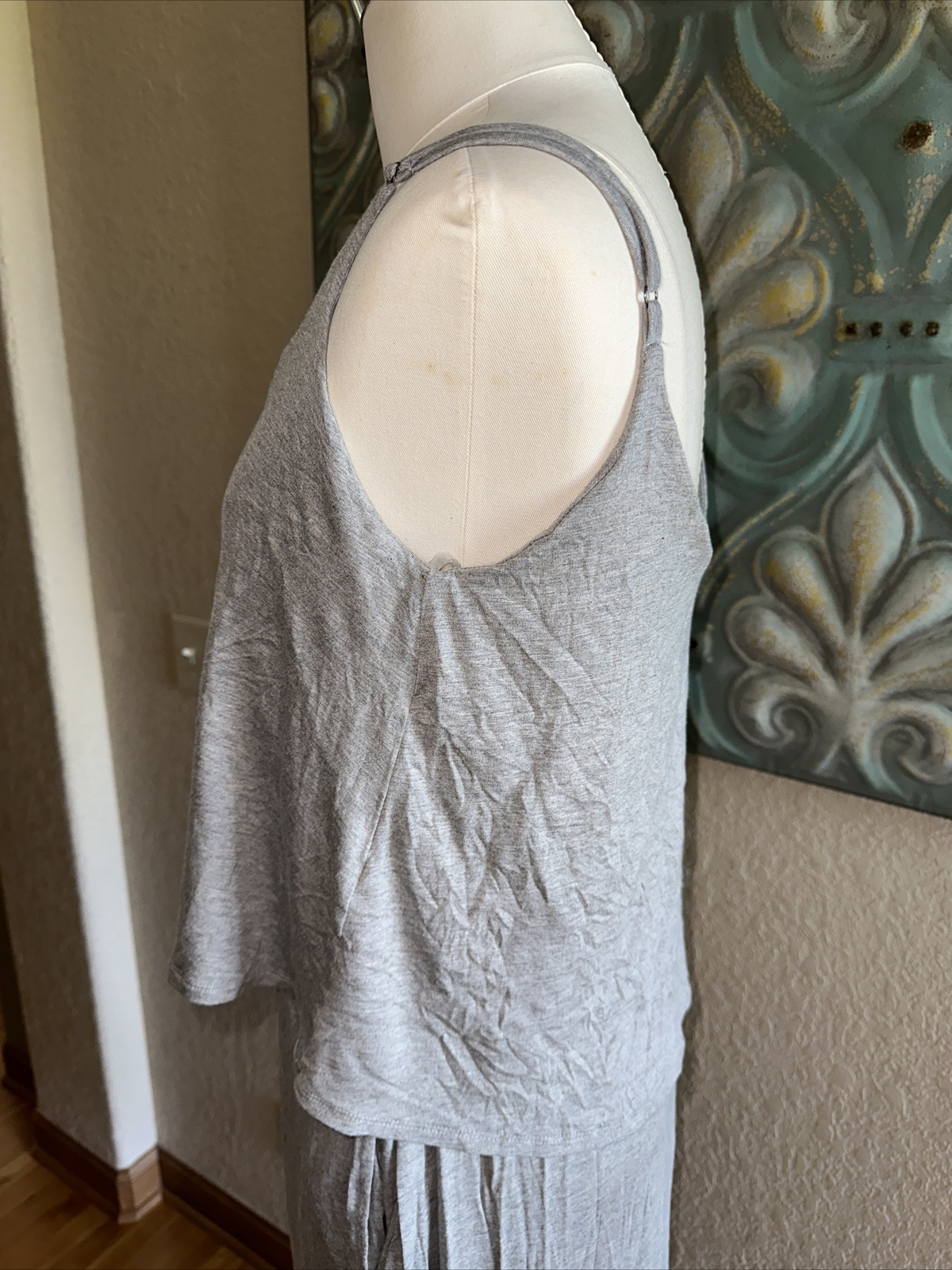 Cherish Gray Layered Maxi Dress Medium Spaghetti Strap Stretch Knit Casual