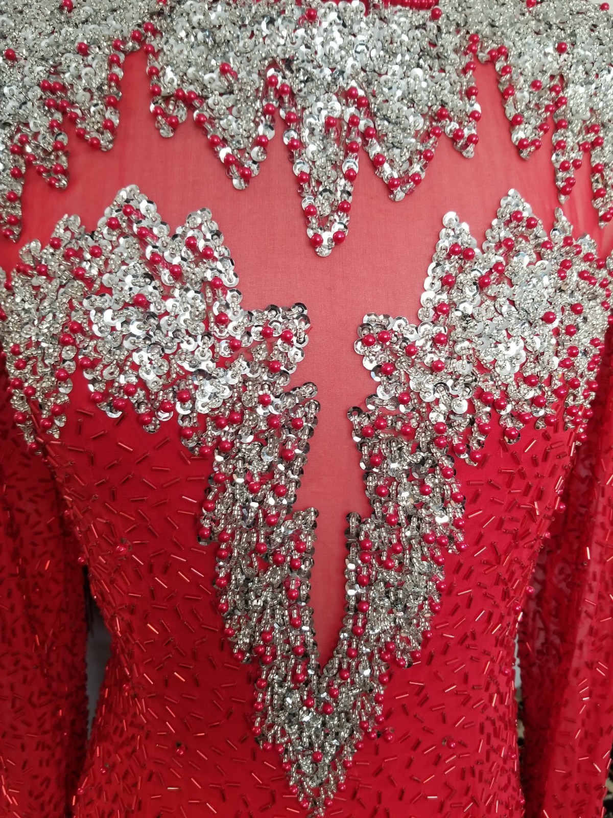 Red and silver beaded and Sequined long sleeve cocktail dress