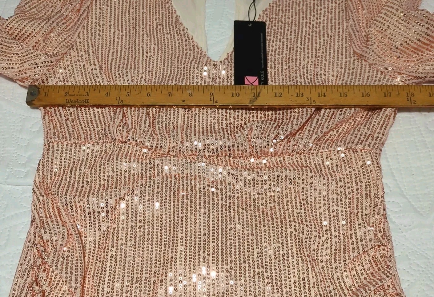 KANCY KOLE Sequin Dress VNeck Puff Long Sleeve Side Ruched Bodycom Jr Miss L NWT
