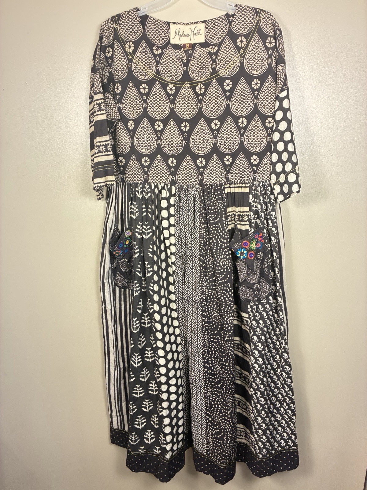 Madame Hall Printed Embellished Natural Made in India Midi Dress S Boho
