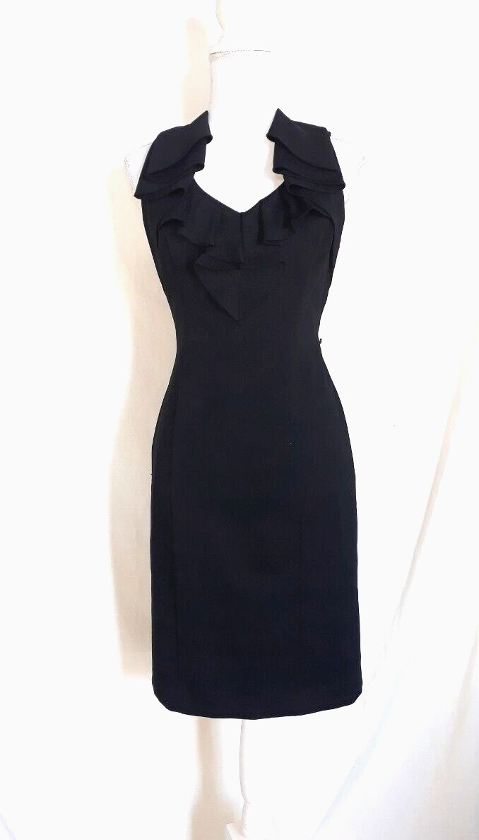 Kasper Pleated Ruffle V Neck Sleeveless Women’s Sheath Dress Size 6 Lined Black