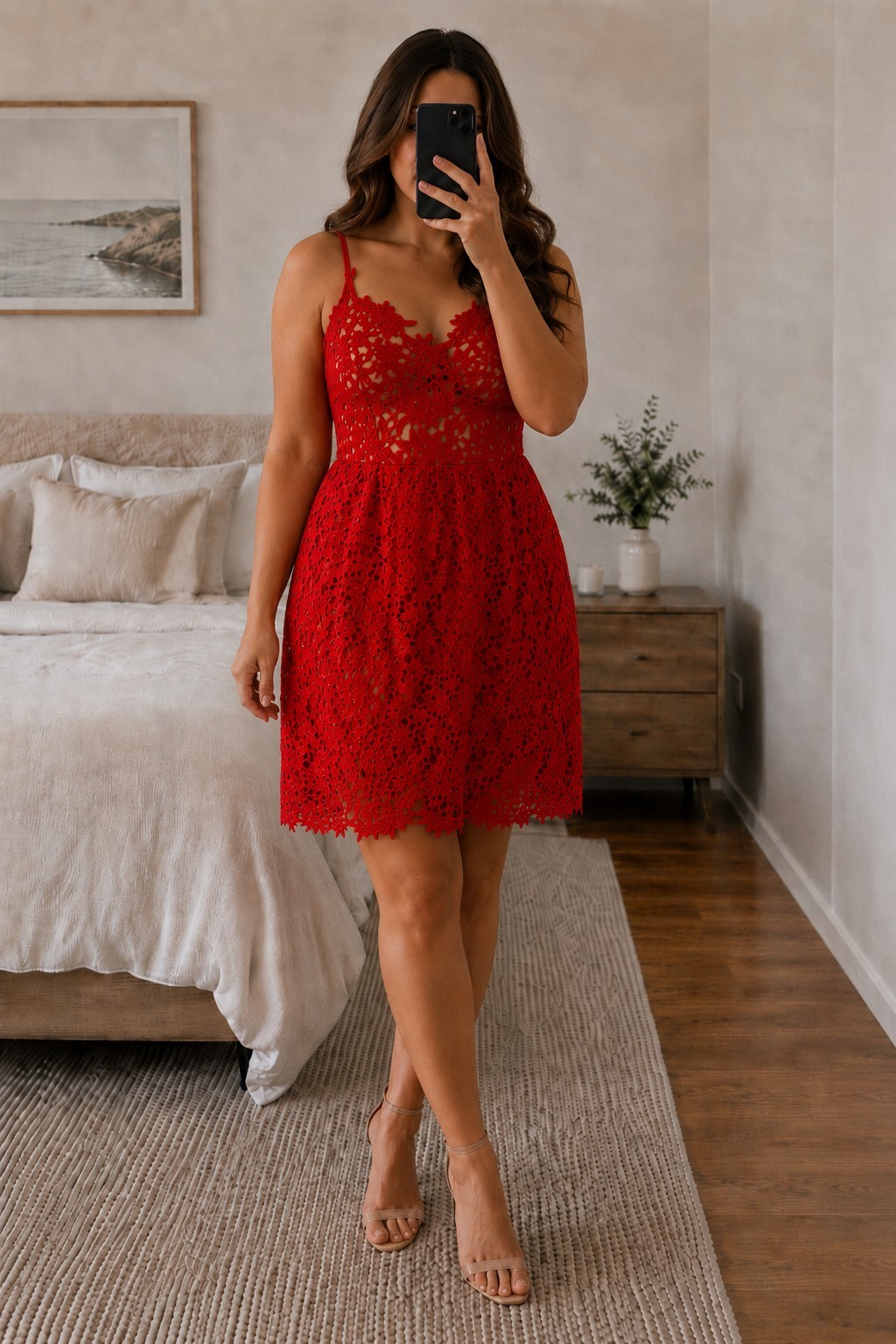 Stunning Red Lace Vero Moda Knee Length Dress Wedding Occasion Size 12