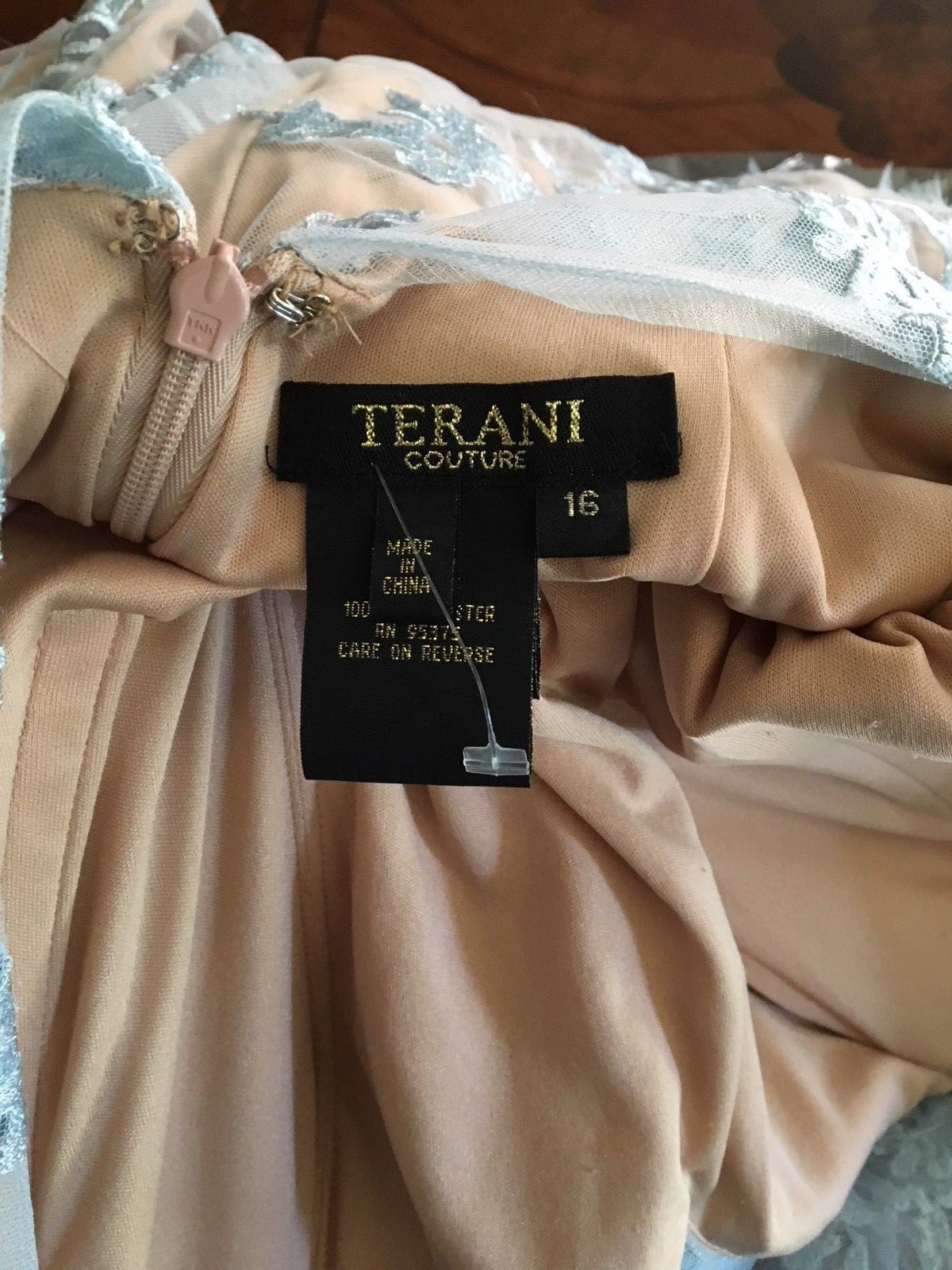 TERANI COUTURE Blue Nude Beaded Lace Long Sleeve Mermaid Gown 16 = XL 1711GL3530