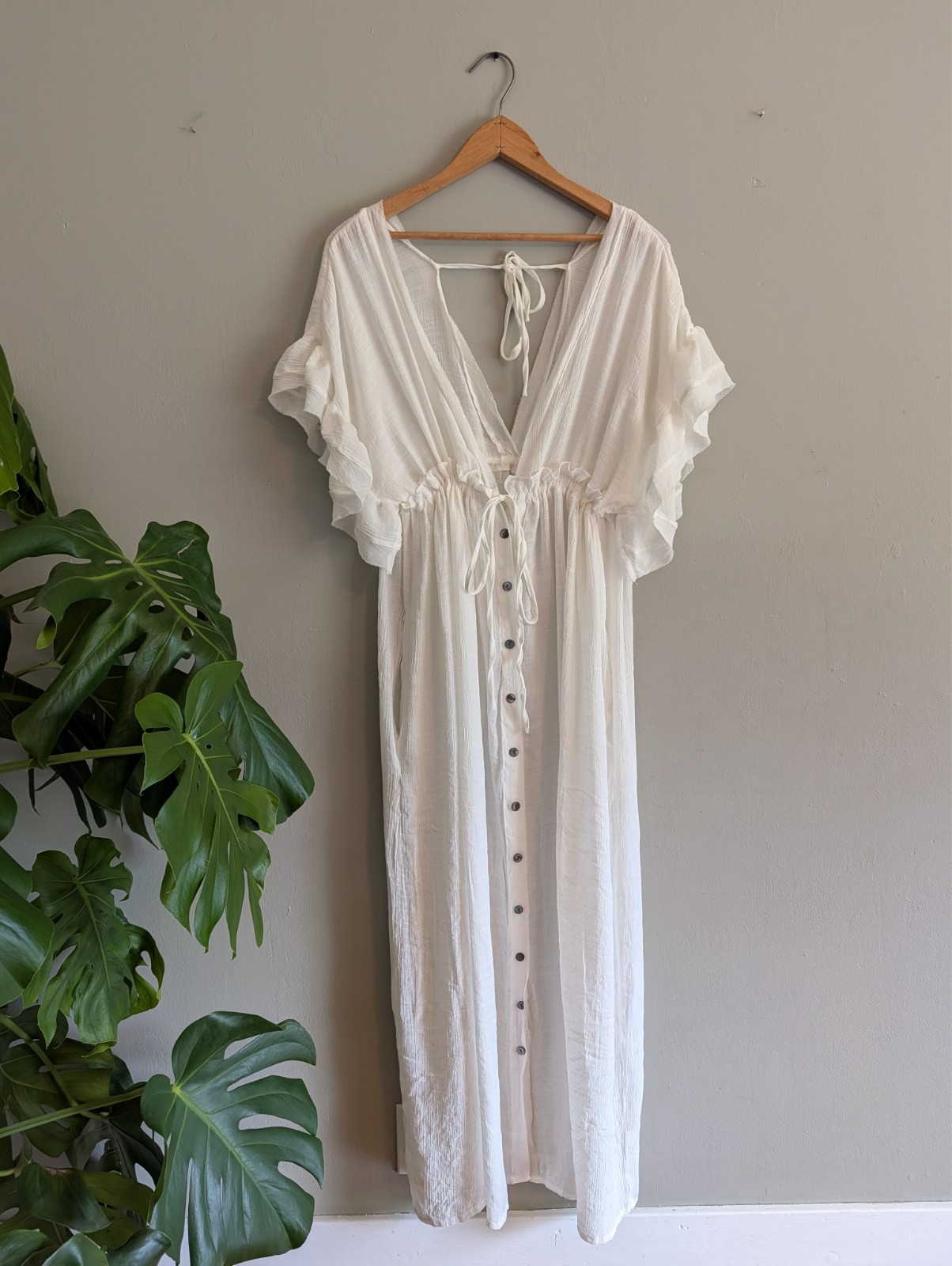 White Gauze Maxi Dress Cover Up Flowy Button Front Tie Back Boho Beach Feminine