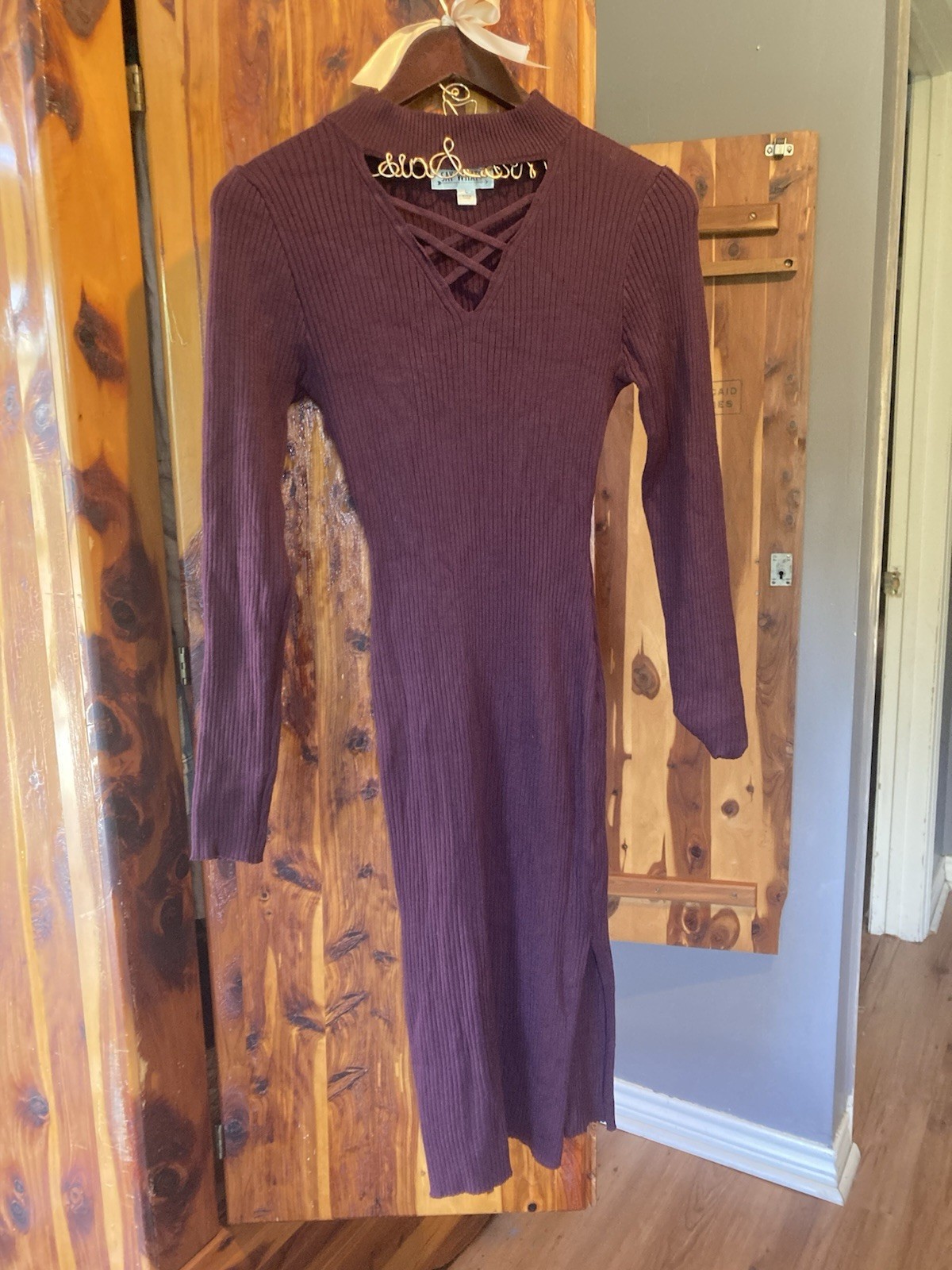 Say What? Sweater Dress Womens Large Purple Ribbed Bodycon Long Sleeve Slit