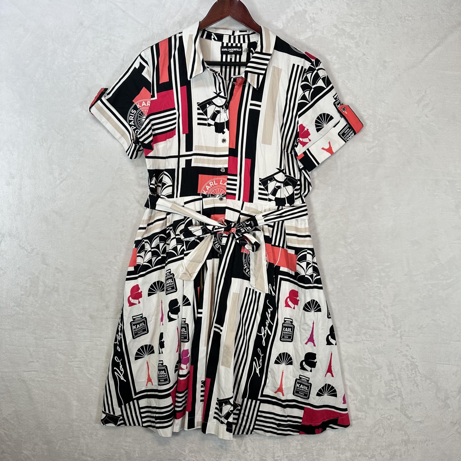 Karl Lagerfeld Paris Dress Womens 14 Multicolor Paris Print Shirt Fit Flare