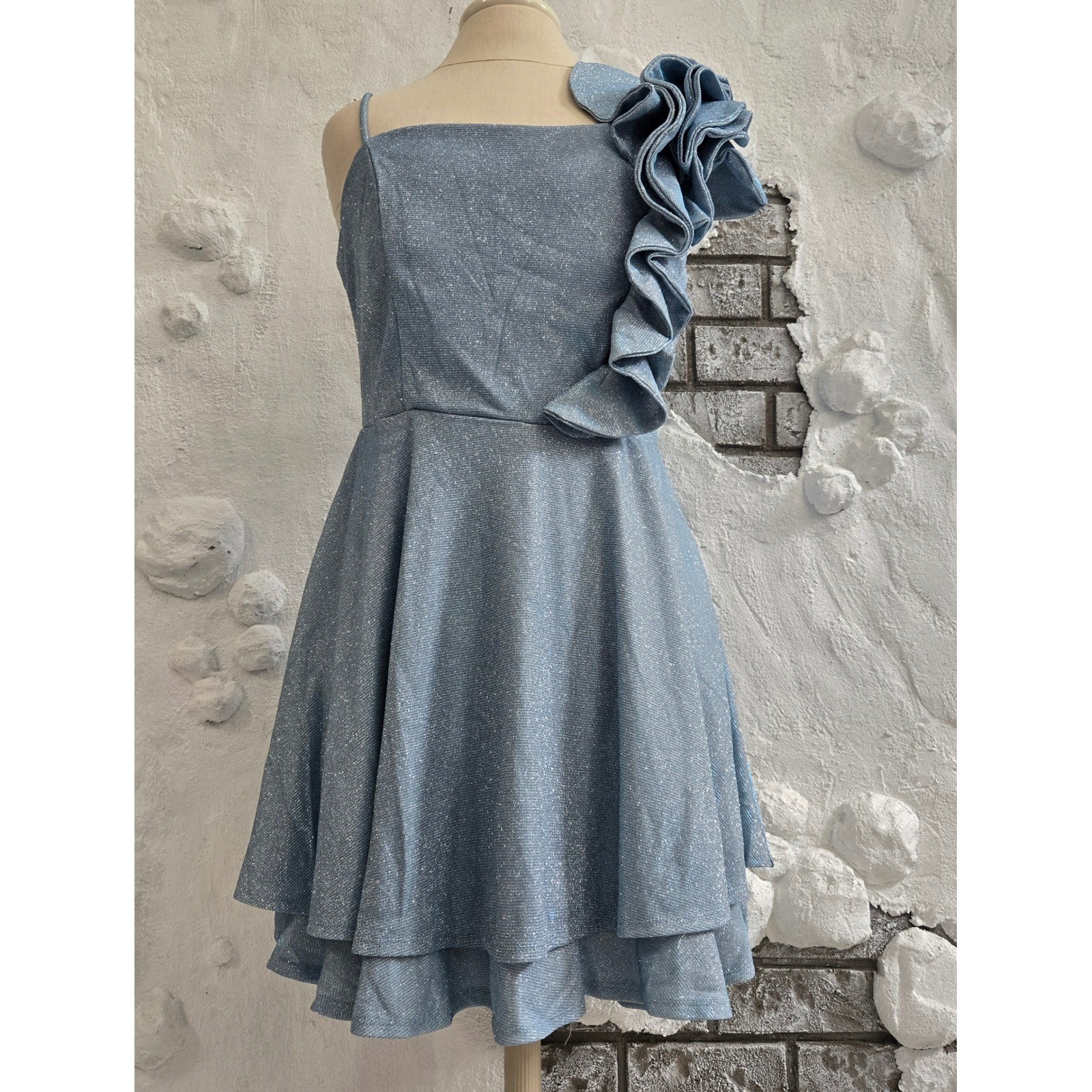 Light Blue Metallic Shimmer Ruffle Shoulder Tiered Fit & Flare Dress JFM4455