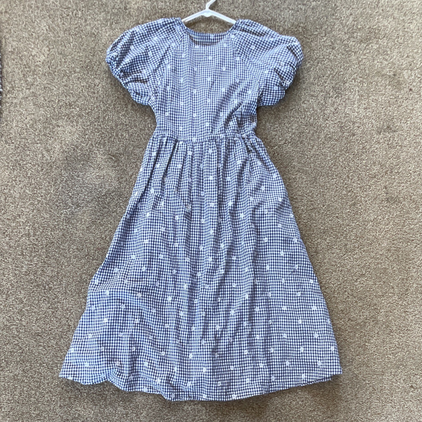 Madewell Blue/White Gingham V-Neck Puff Sleeve Smocked Midi Dress Size S