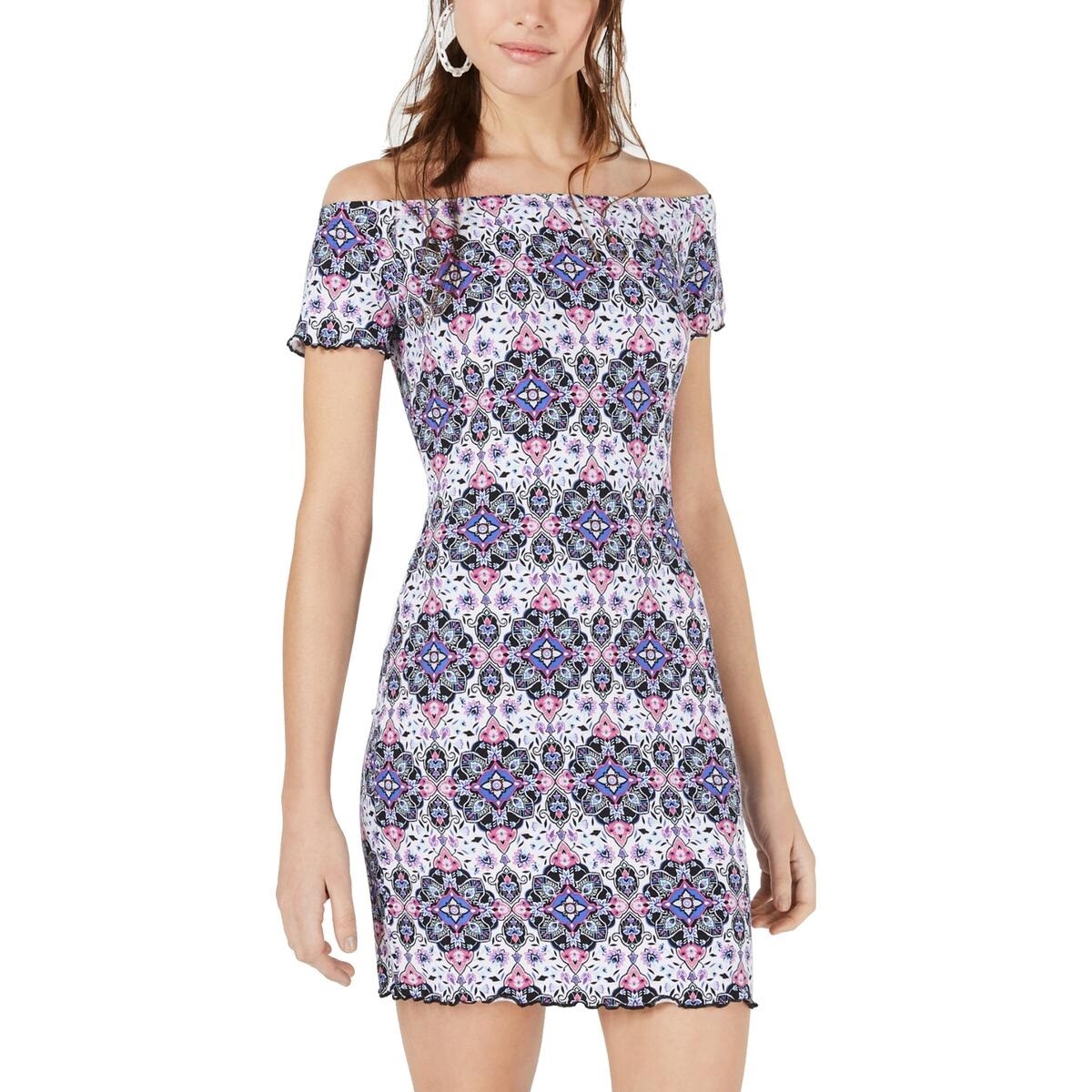 Ultra Flirt Junior Women M Purple Pink Printed Off The Shoulder Ruffle Dress NWT