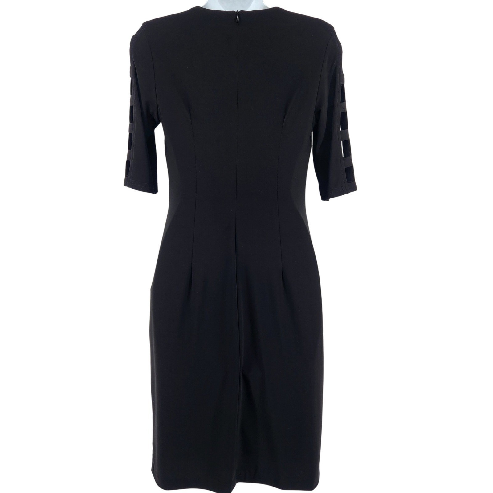 Joseph Ribkoff Black Sheath Dress Size 4 Cutout Neck Gold Detail 3/4 sleeve