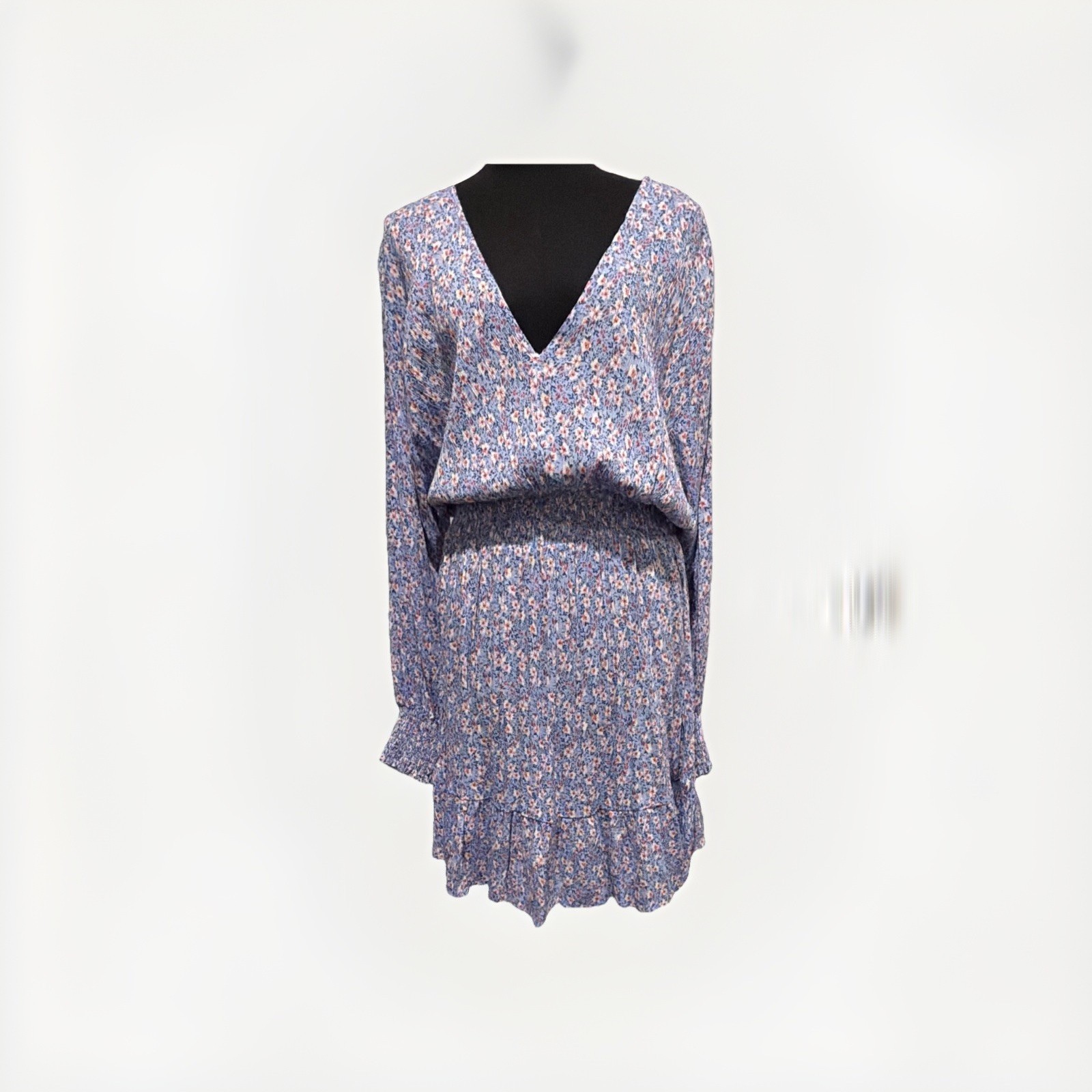 Japna Baby Blue/White/Pinkish Floral V-Neck Smocked Ruffle Rayon Dress M