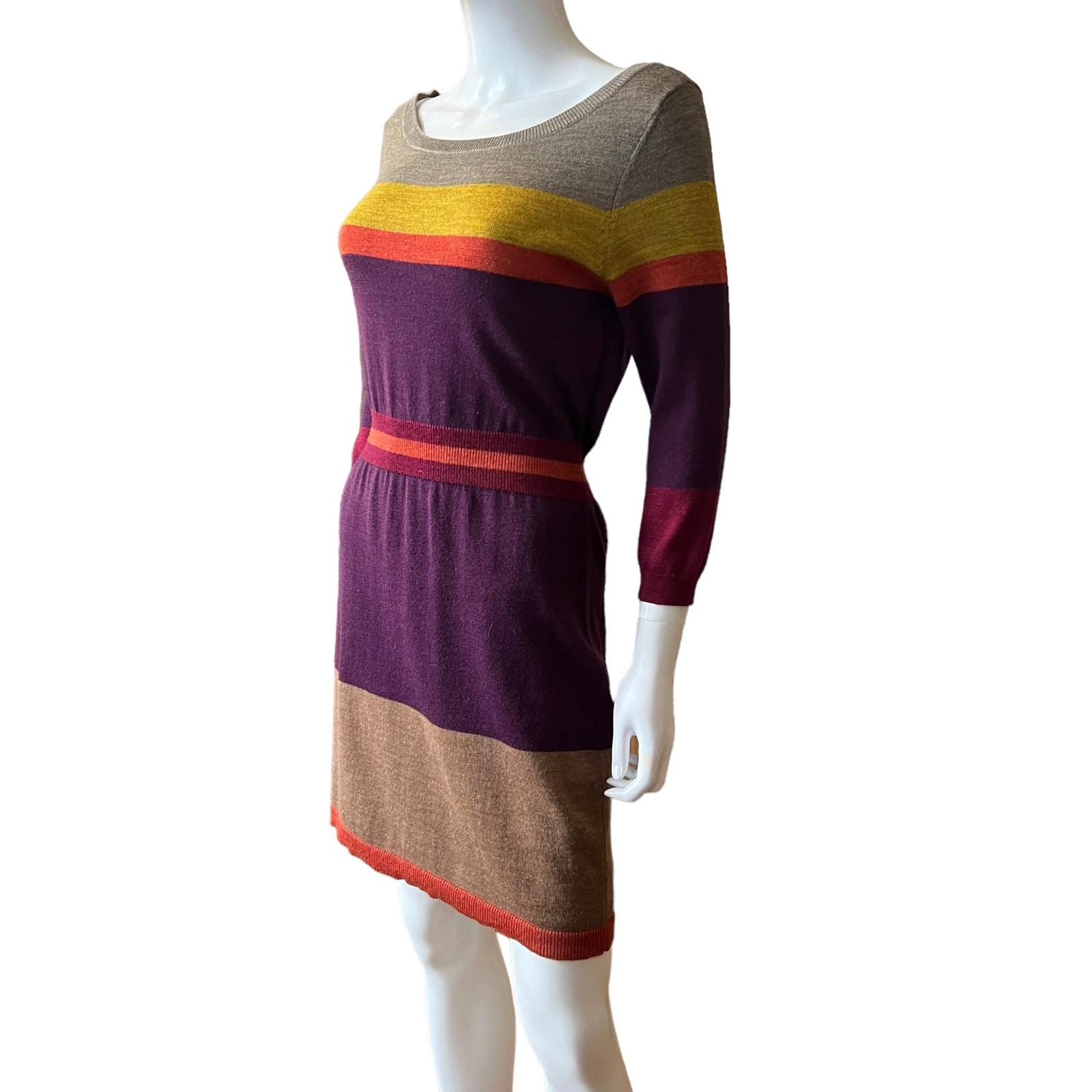 Loft Purple Orange Camel Striped A-Line 3/4 Sleeve Sweater Dress M