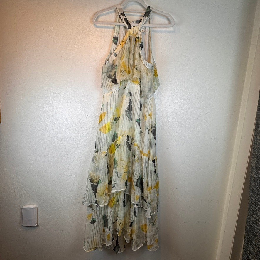 Anthropologie Floral Halter Maxi Dress Yellow White Ruffle Tiered Pleated Size 8