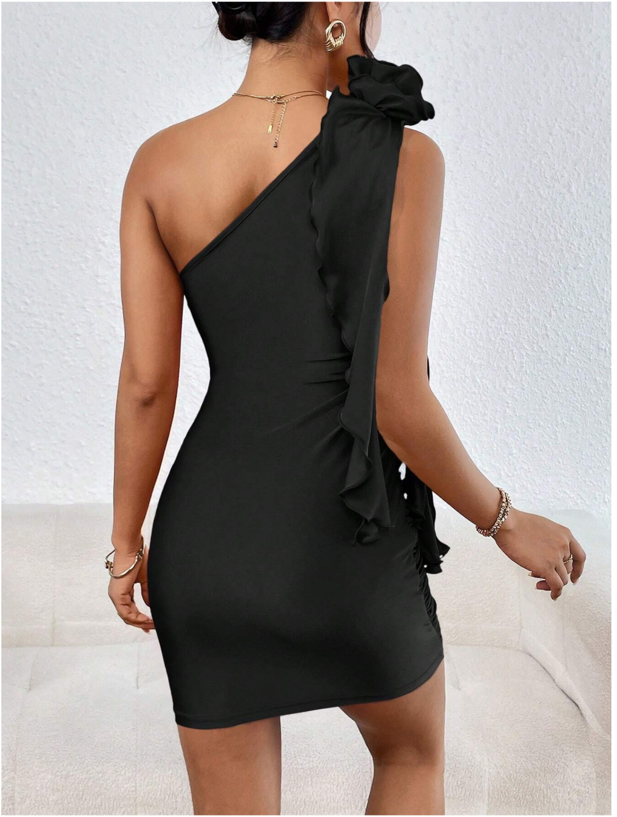Black Privé One Shoulder Ruched Appliques Detail Bodycon Dress Sz XS S M L XL