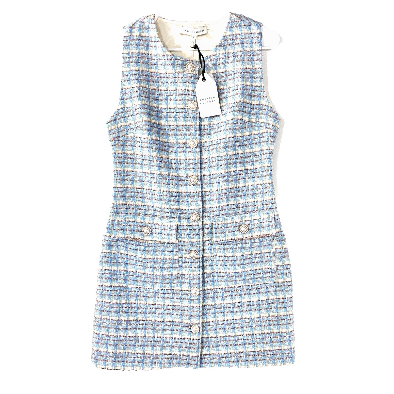 Euro Wool Tweed Pearl Button Front Woven Baby Blue Retro Dress Womens M NWT $140