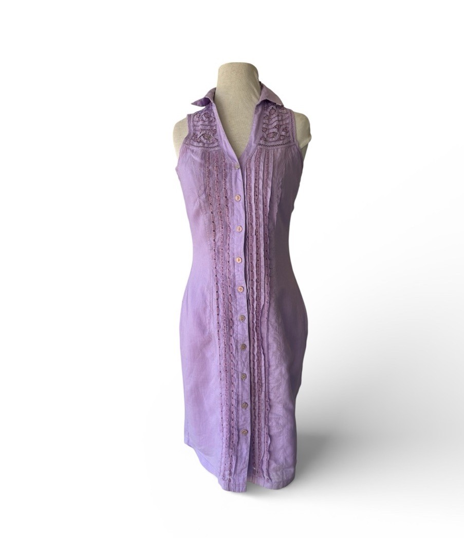 Vtg 70s Frixio Embroidered Lavender Guayabera Shirt Dress Sz 8 Ramie Cabana