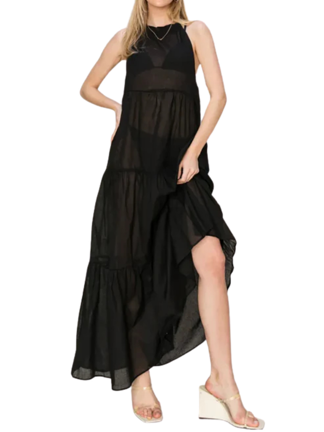 Semi-Sheer Halter Summer Cover-Up Maxi Dress (Black) 100% Cotton
