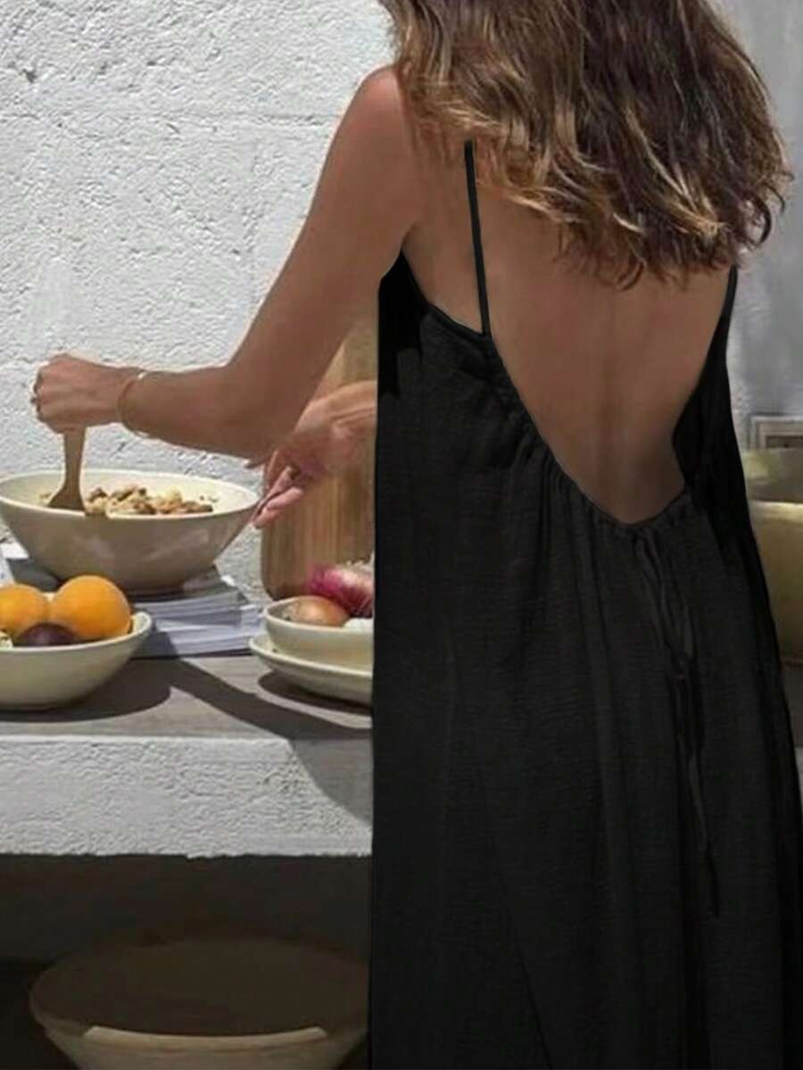 Spaghetti Strap Dress Side Pockets Backless Slit Hem Casual Cami Maxi Long