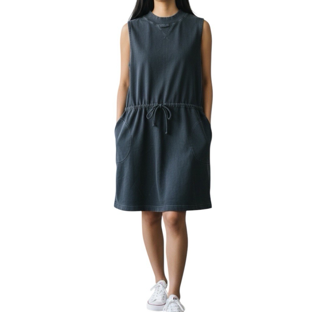 Zella Slate Blue Knit Shift Dress Crew Neck Pockets Drawstring Waist Cotton L