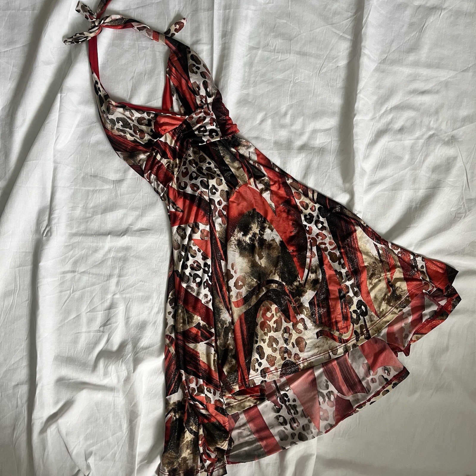 Y2K TuTu Fashion Leopard Print Halter Mini Dress Asymmetrical Size L