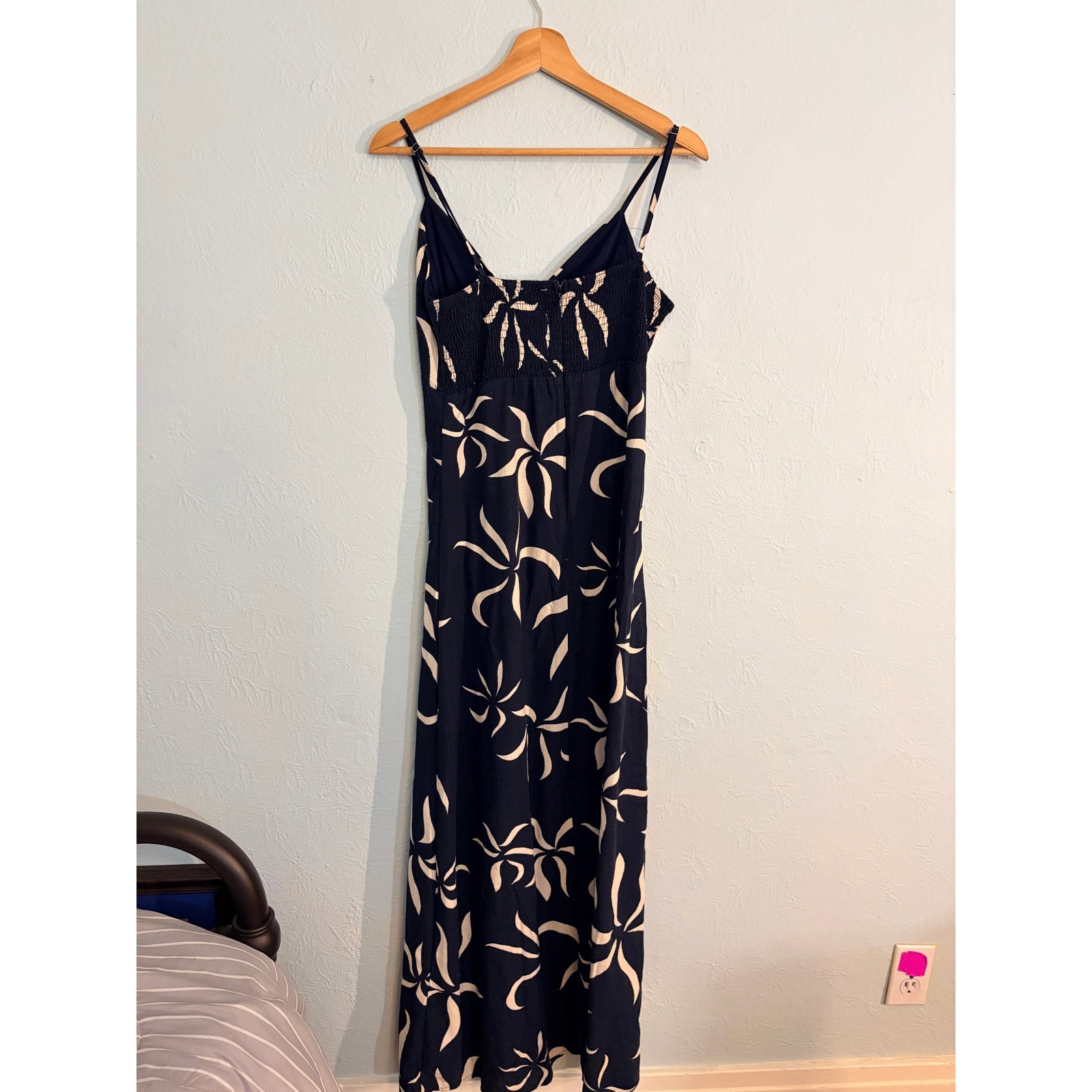 Navy Cream Floral Maxi Dress Small Strappy Smocked Back Coastal Boho Resortwear