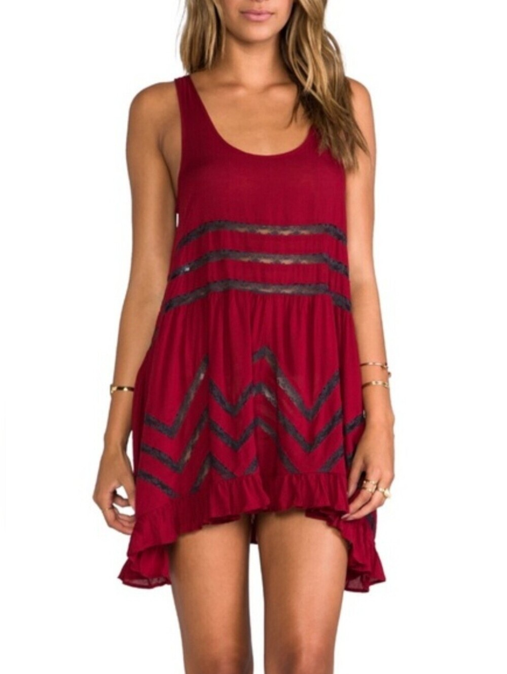 Free People Voile & Lace Trapeze Mini Dress in Crimson Size Small