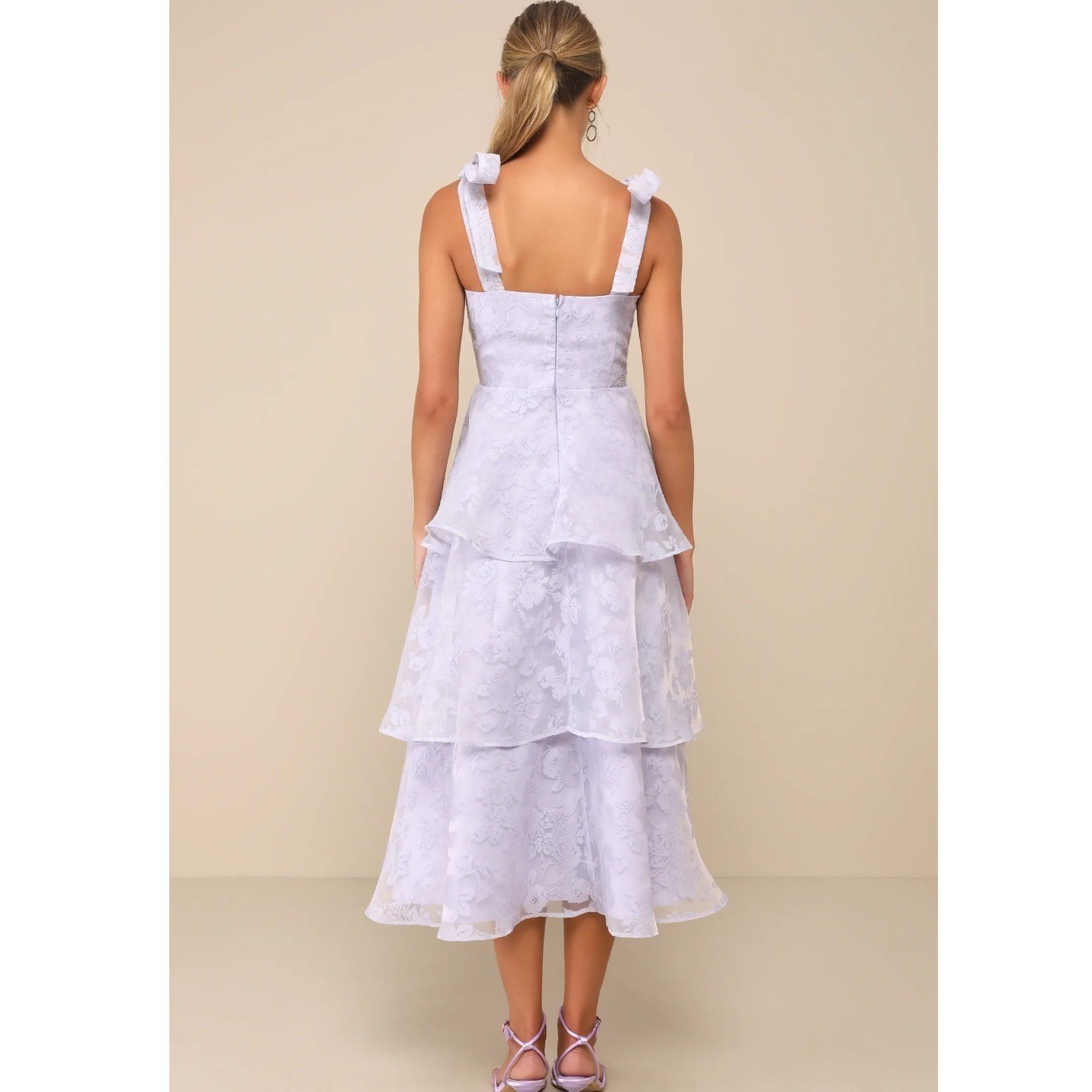 Lulus Glamorous Sweetie Lavender Burnout Tie-Strap Bustier Tiered Midi Dress XS