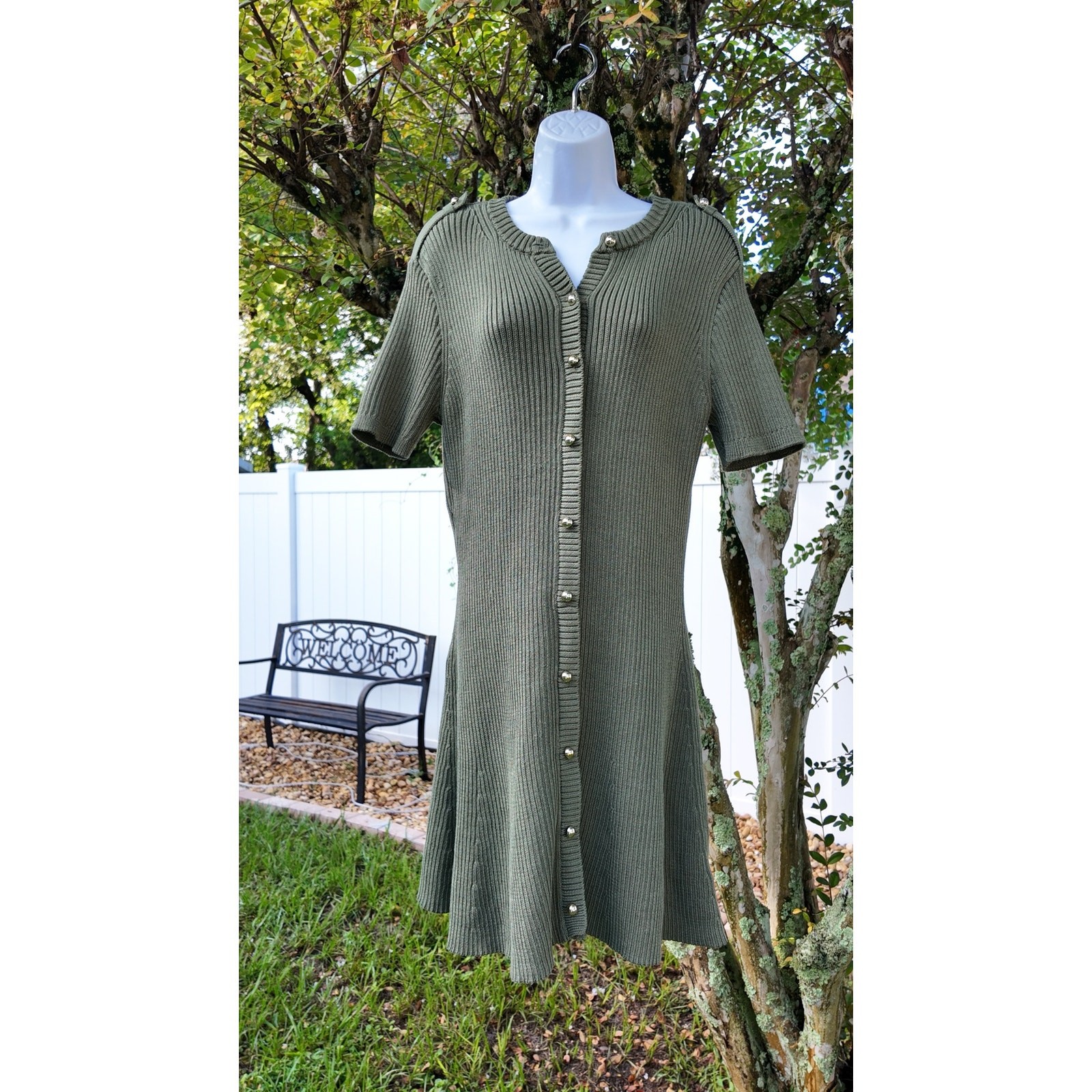 French Connection Olive Rib Knit Sweater Dress Gold Buttons Short Sleeve L