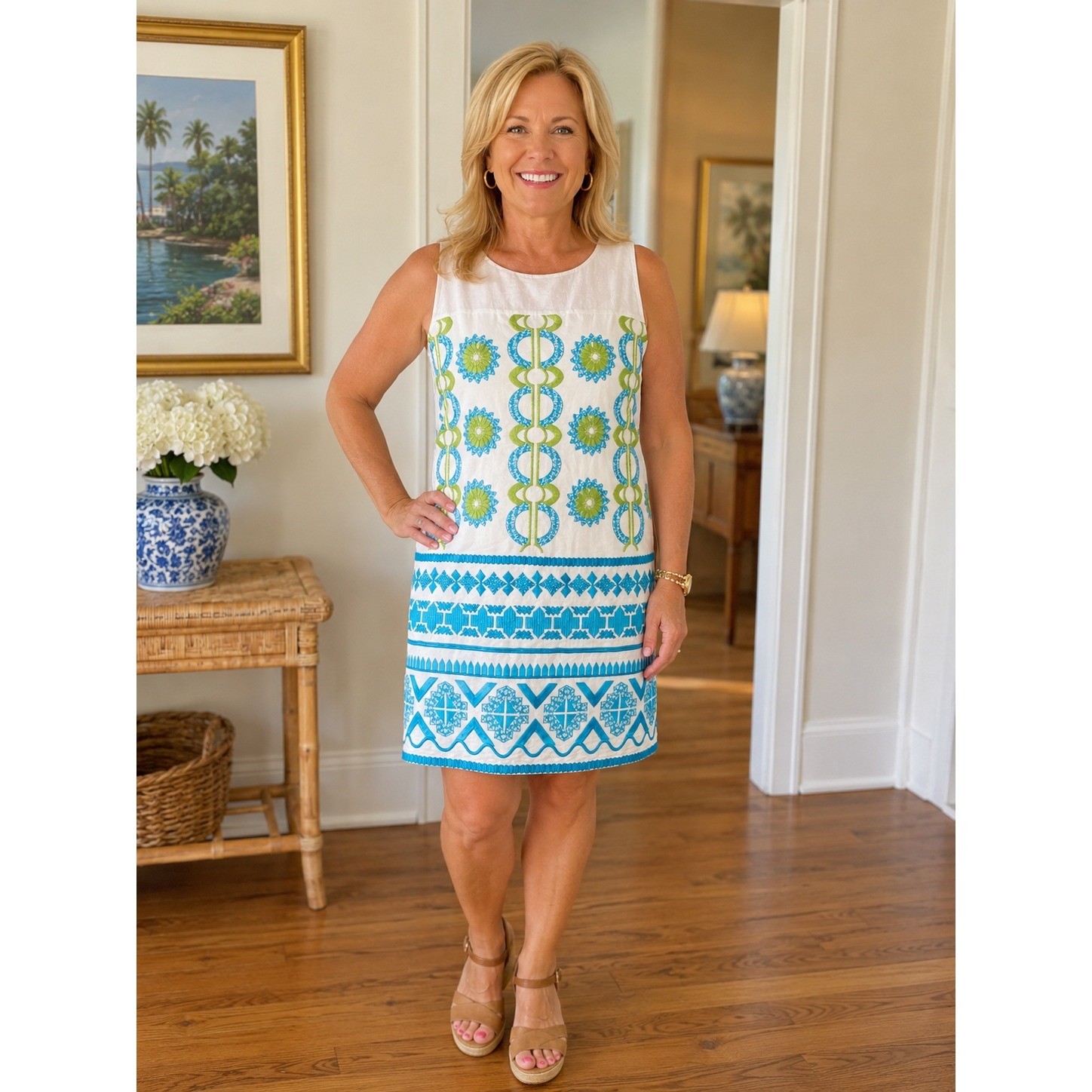 Gretchen Scott Sleeveless Shift Dress Small White Blue Green Embroidered Cotton