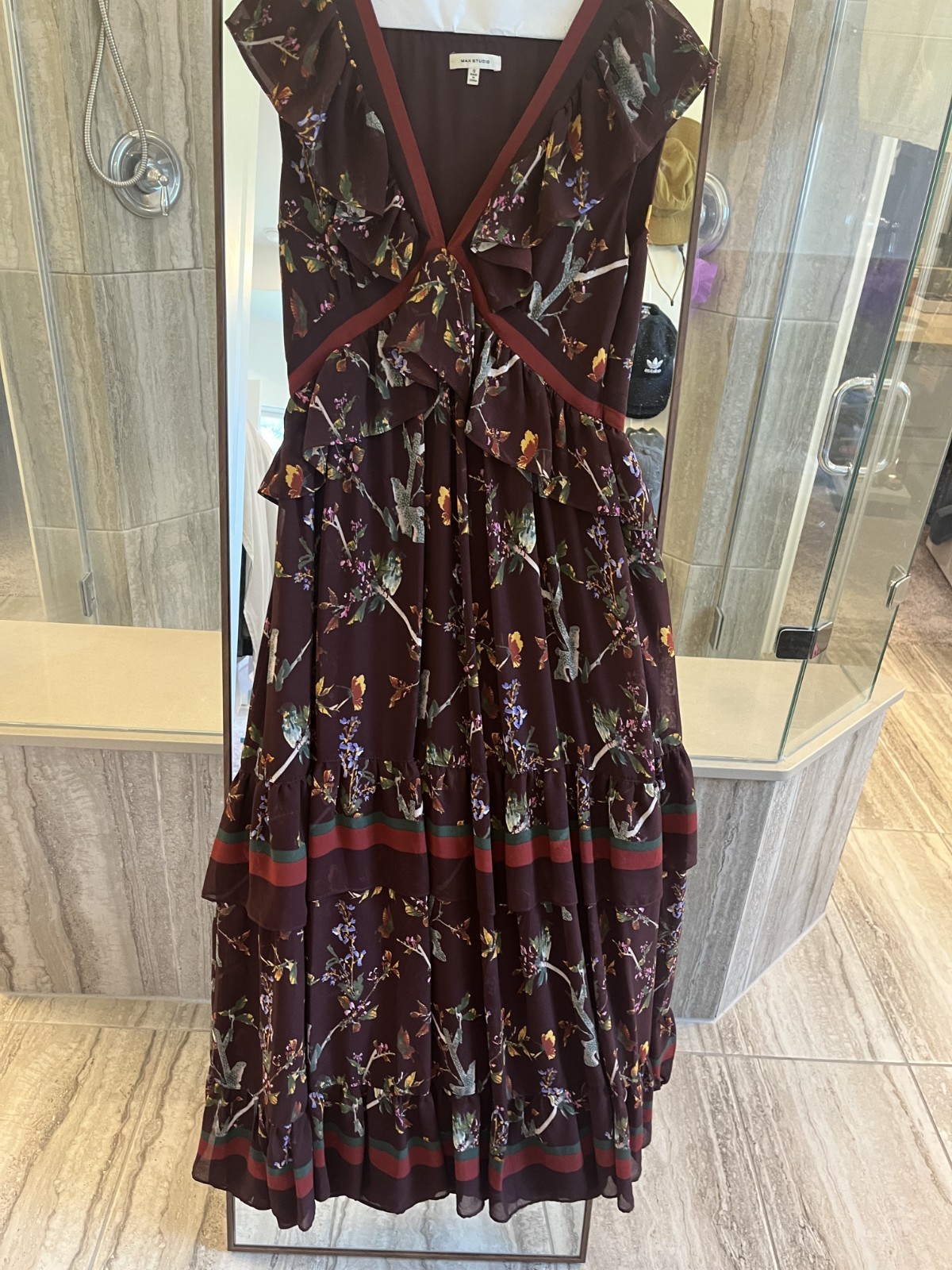 Max Studio Chiffon Burgundy Sleeveless Maxi Dress with floral ruffled tiers