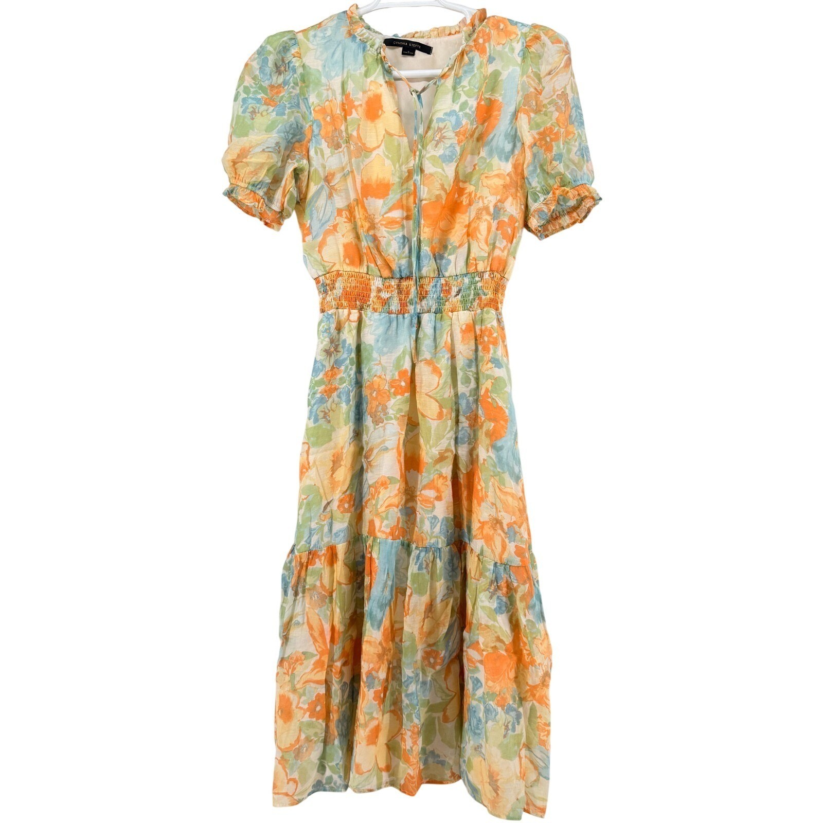 Cynthia Steffe Womens M Floral Midi Dress Smocked Waist Puff Sleeve Boho