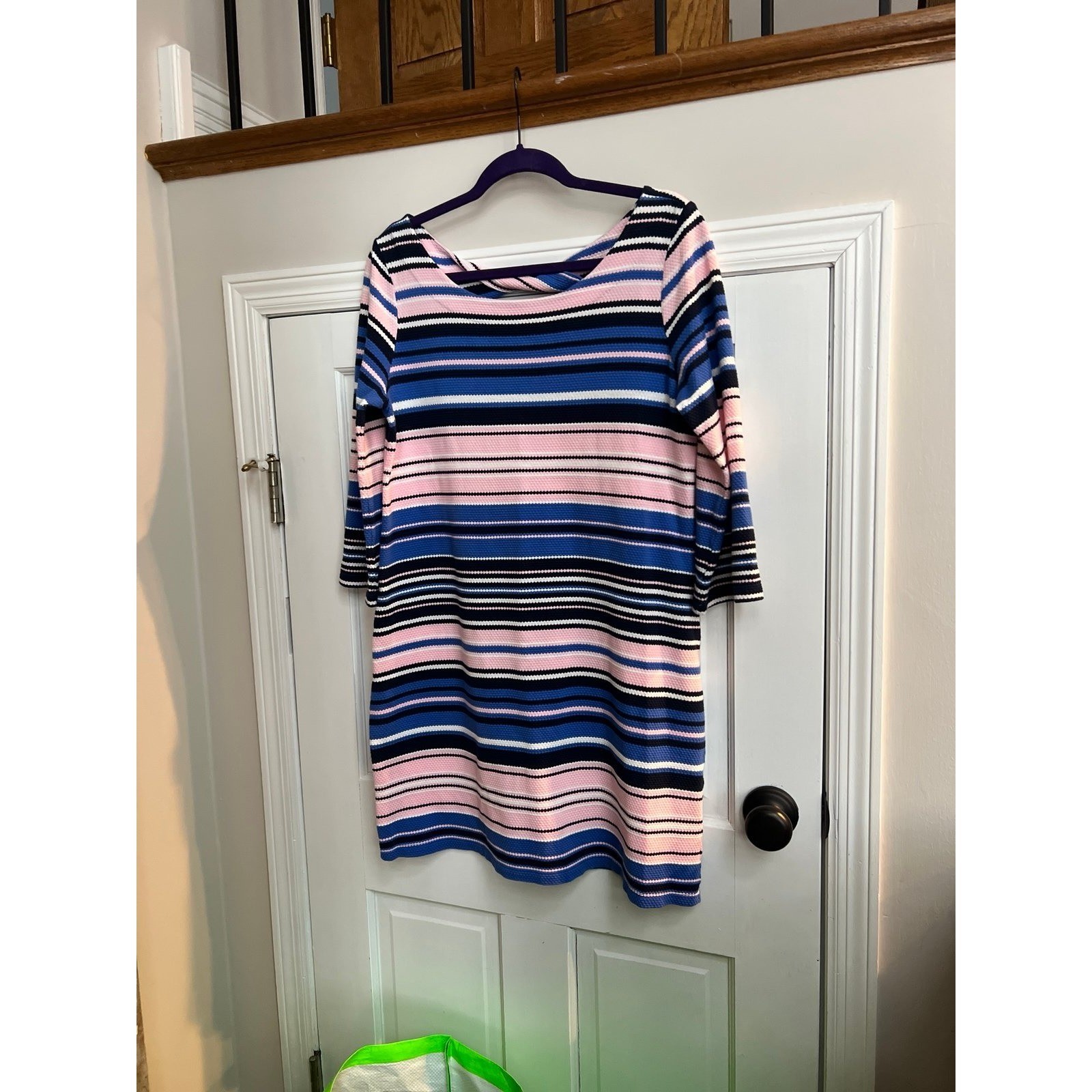 Lilly Pulitzer Paradise Pink Stripe Bay Dress cotton-blend stretch fabric L