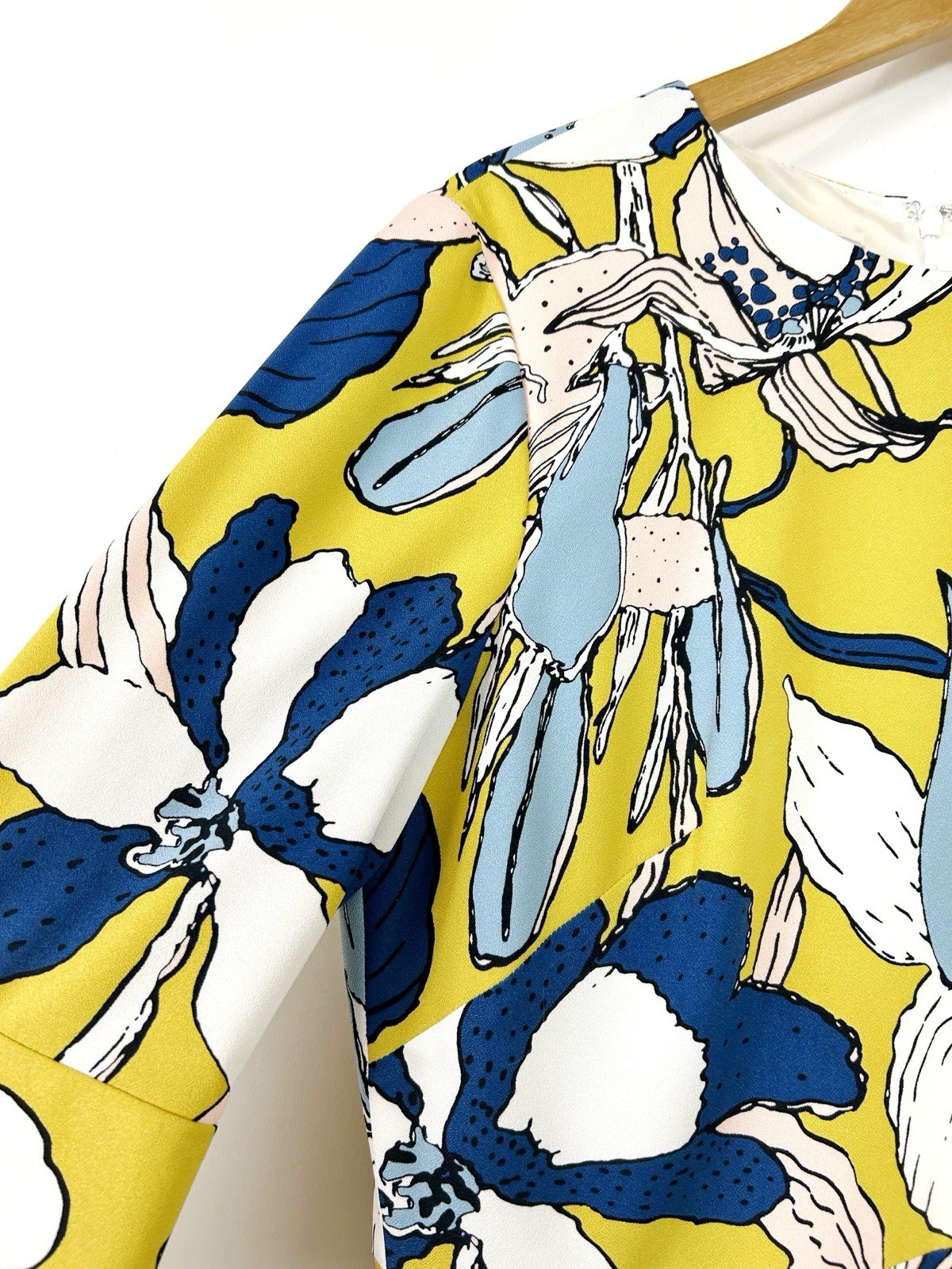 Hobbs Blue Yellow Floral Print 3/4 Sleeve Summer Wedding Pencil Dress UK 14