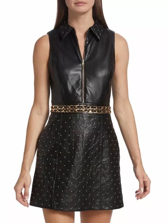 Alice + Olivia Ellis Black Quilted Faux Leather Mini Dress Studded Gold Chain 6