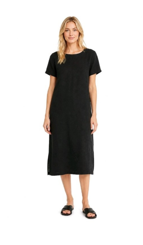 Becasa Black 100% Linen Lagenlook Short Sleeve Midi Shift Dress Womens Medium