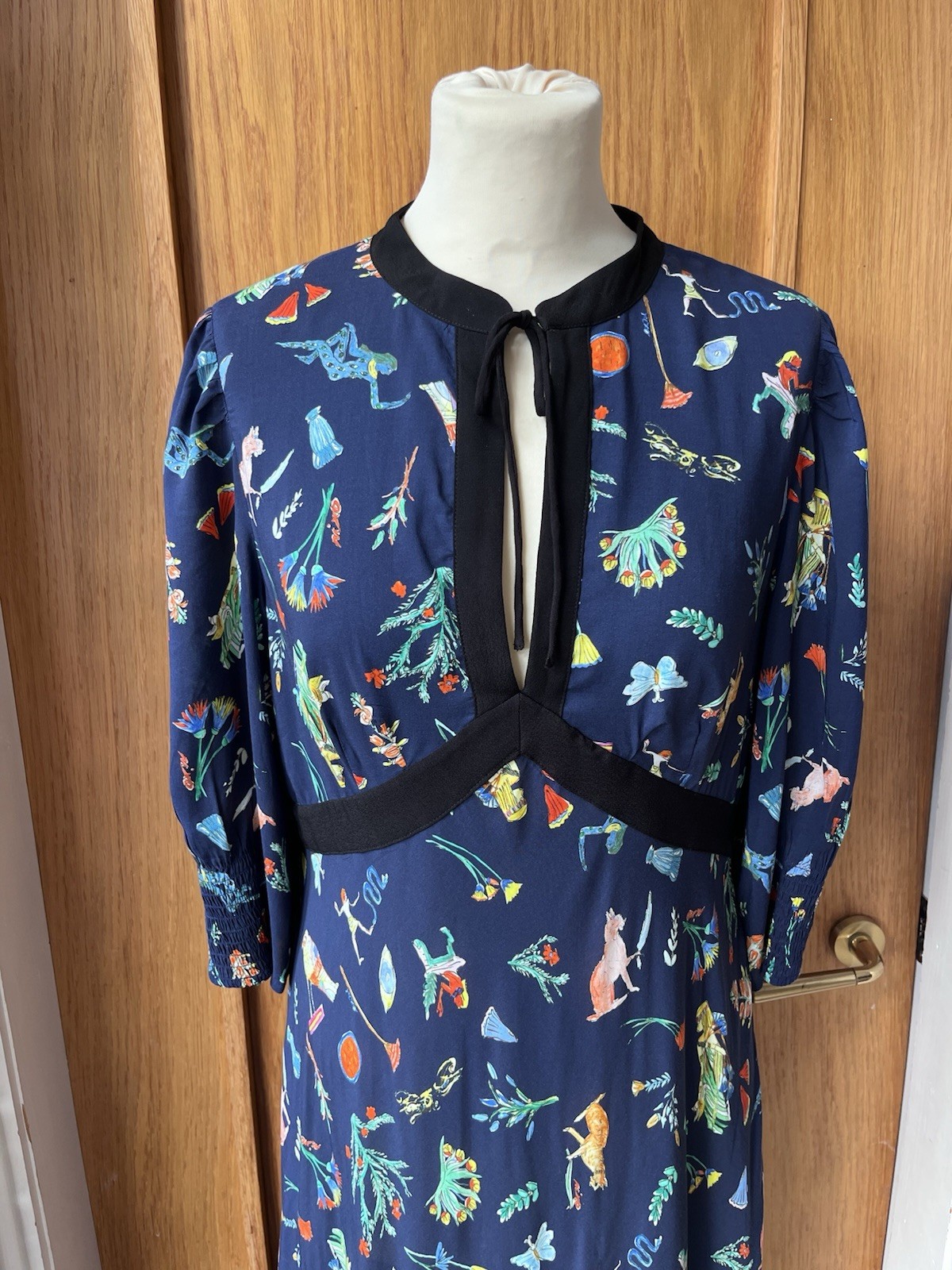 Rixo Petra Lotus Bloom Egypt Navy Keyhole Midi Dress UK 12 Size Medium