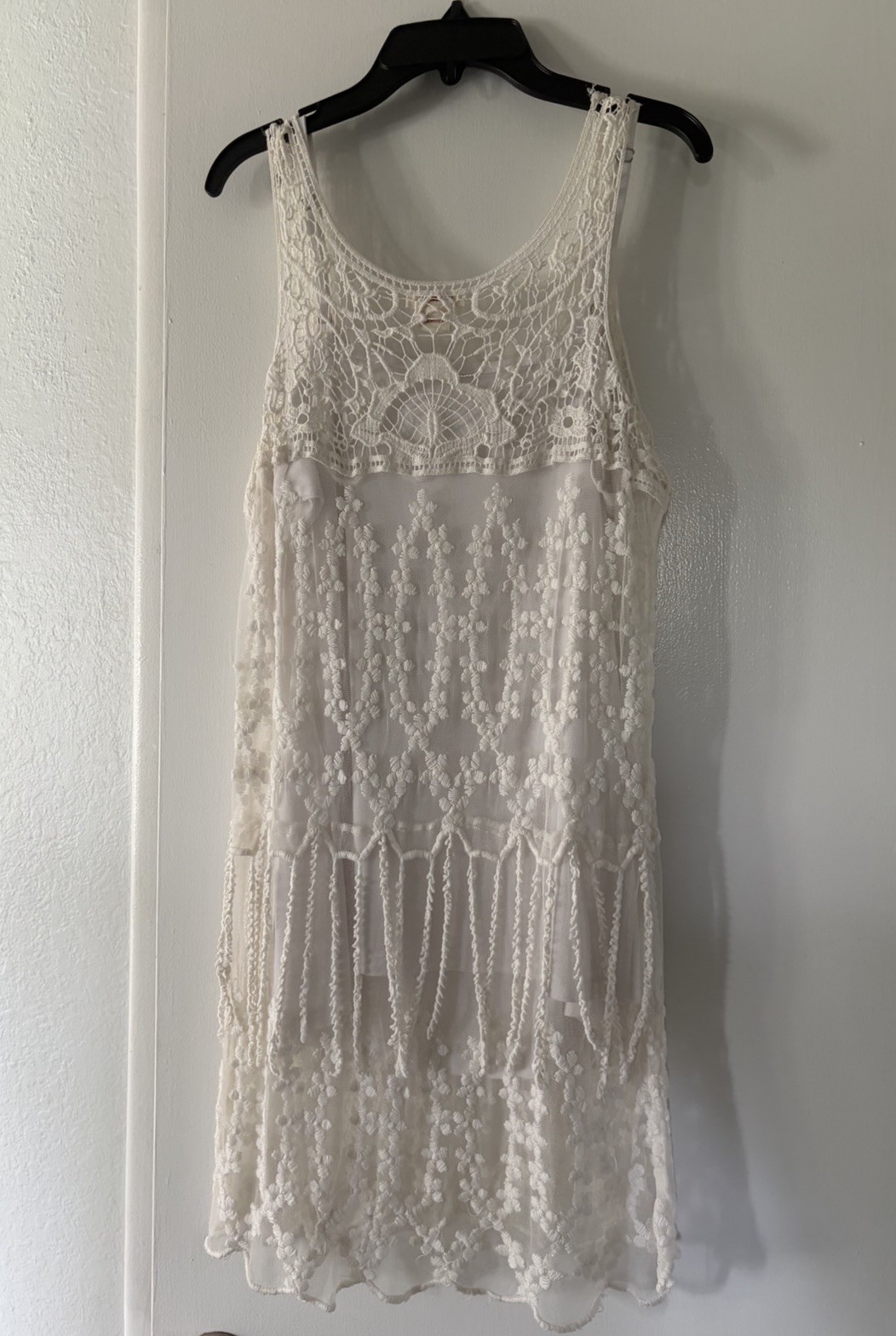 Stunning VTG SUNDANCE Crochet / Lace Ivory Dress With Separate Liner Womens Sz M