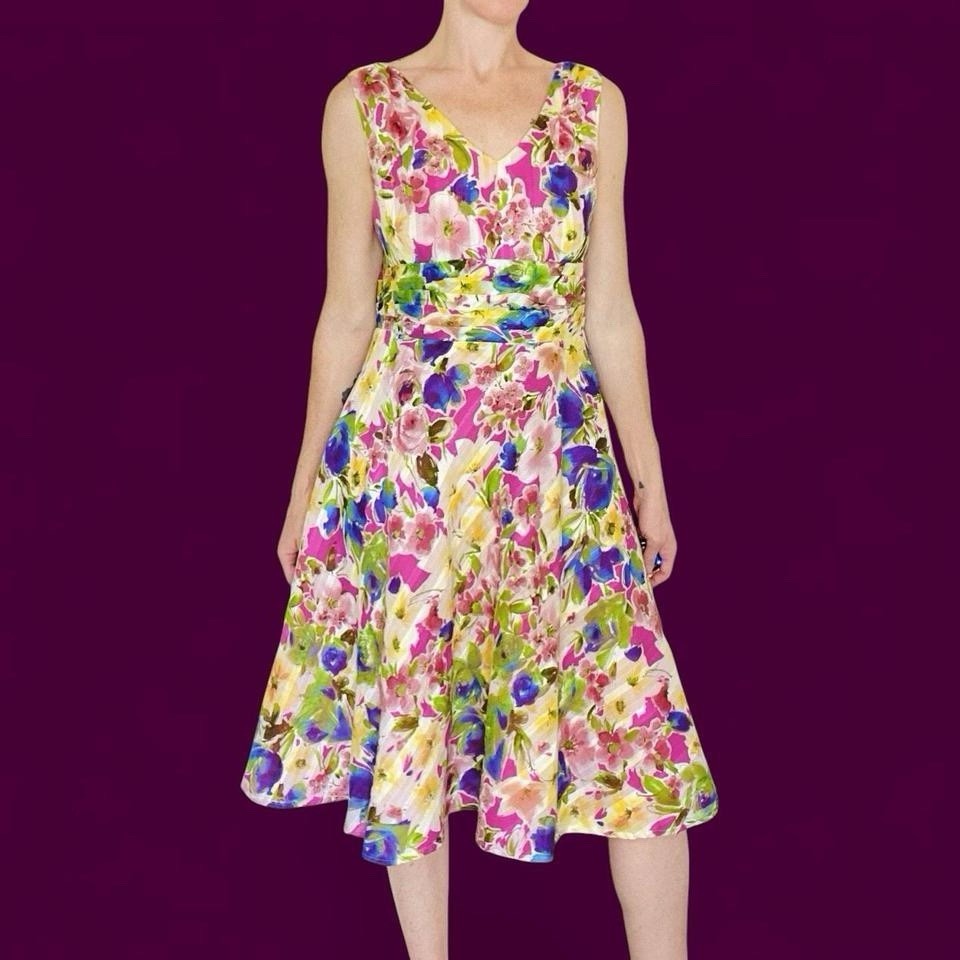 Vintage 90’s Robbie Bee Colorful Floral A-Line Knee-Length Sleeveless Dress