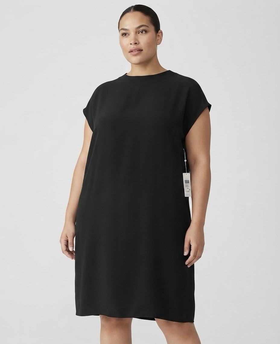 Eileen Fisher Black Silk Knit Shift Dress Knee Length Crew Neck Short Sleeve XL