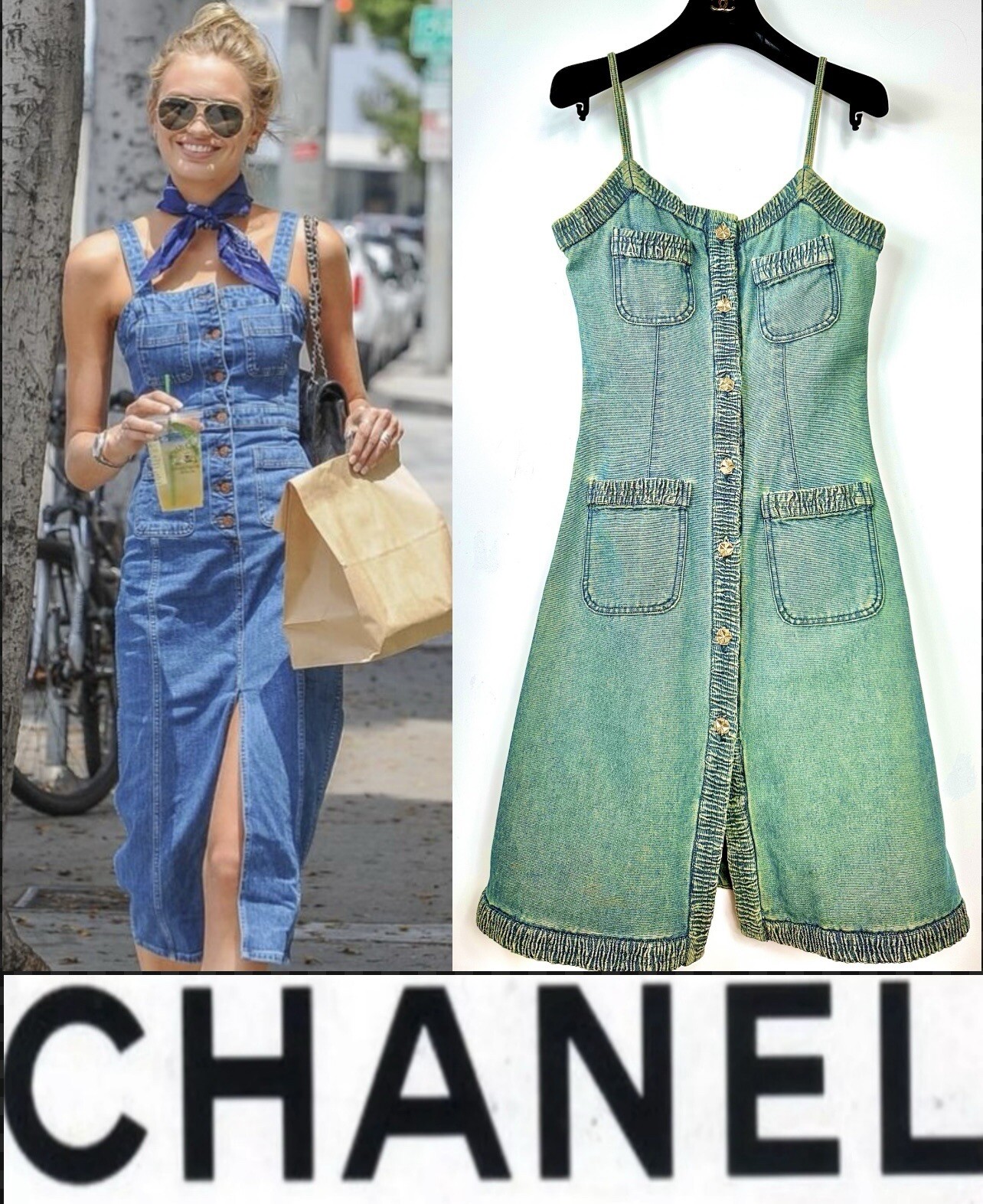 Chanel Vintage 2001 Barbie Blue Denim Midi Dress 36 38 4 6 Vtg Logo Button S M