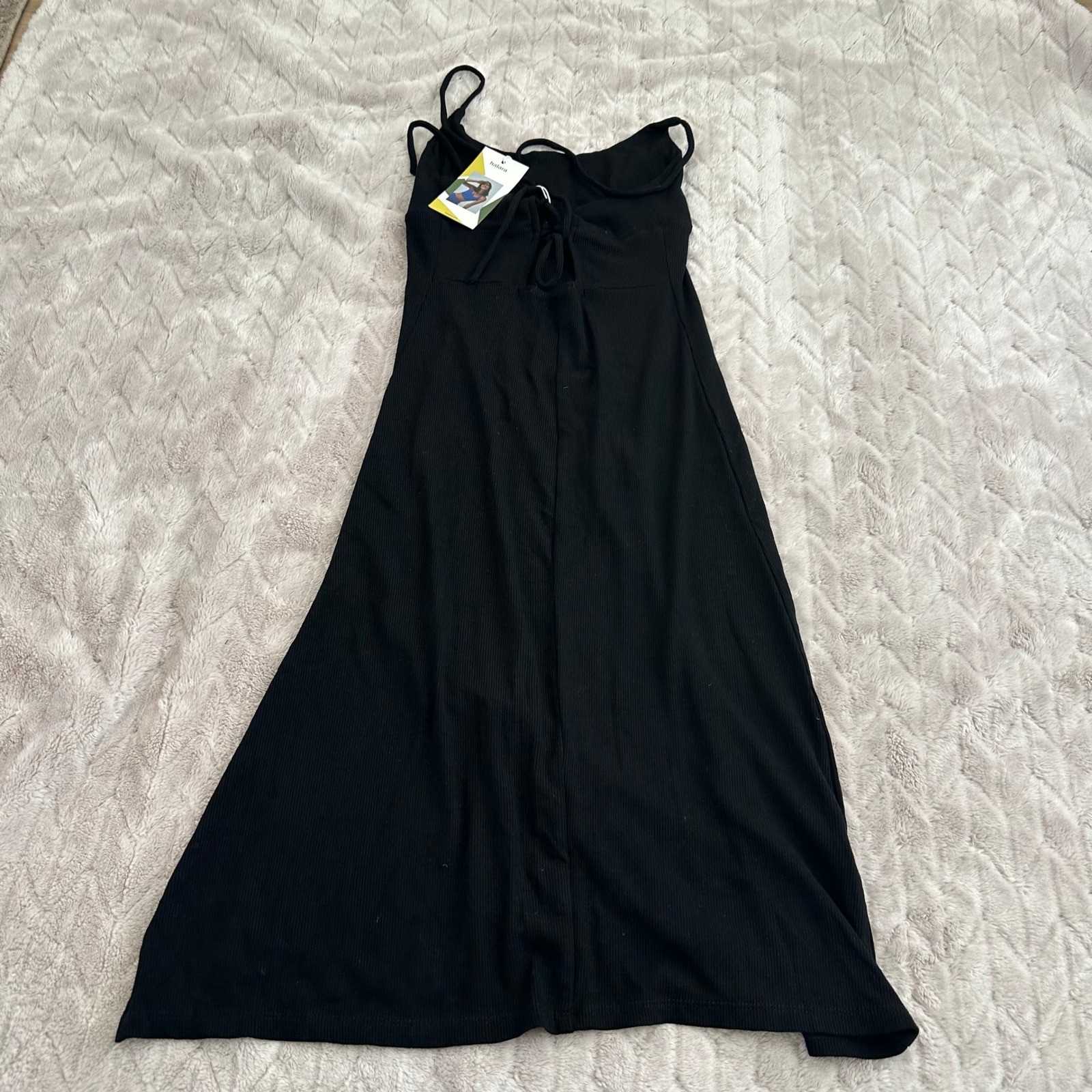 Halara Black Ribbed Lace Up Back Midi Dress Side Slit Medium NEW
