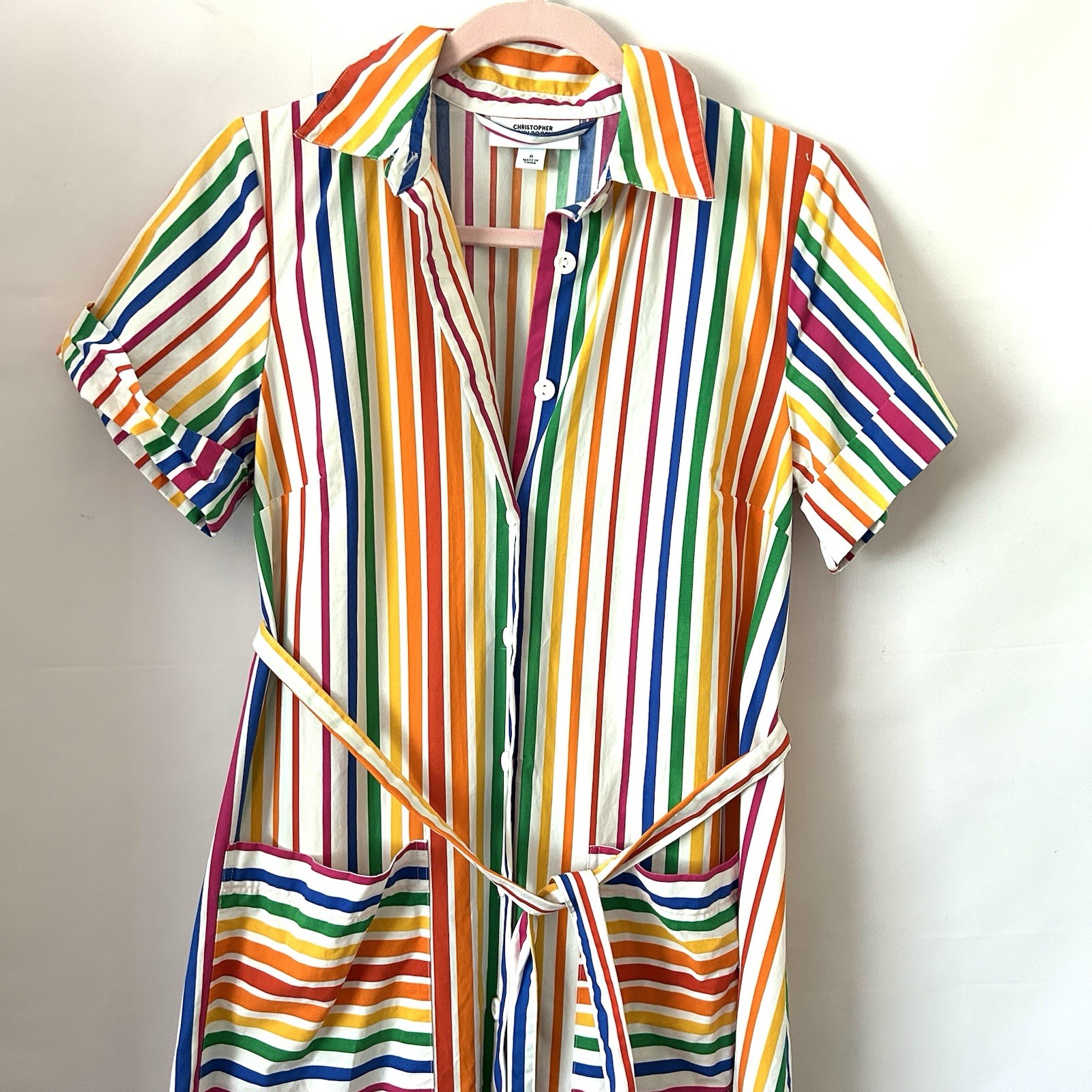 Christopher John Rogers Rainbow Shirt Dress Stripe Belted Size 0