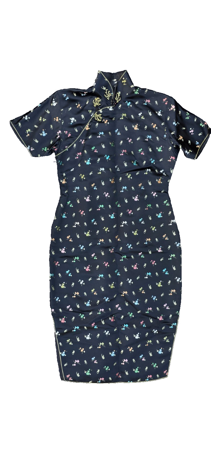 Vintage Black Chinese Cheongsam Qipao Long Dress Embroidered Floral Size US S