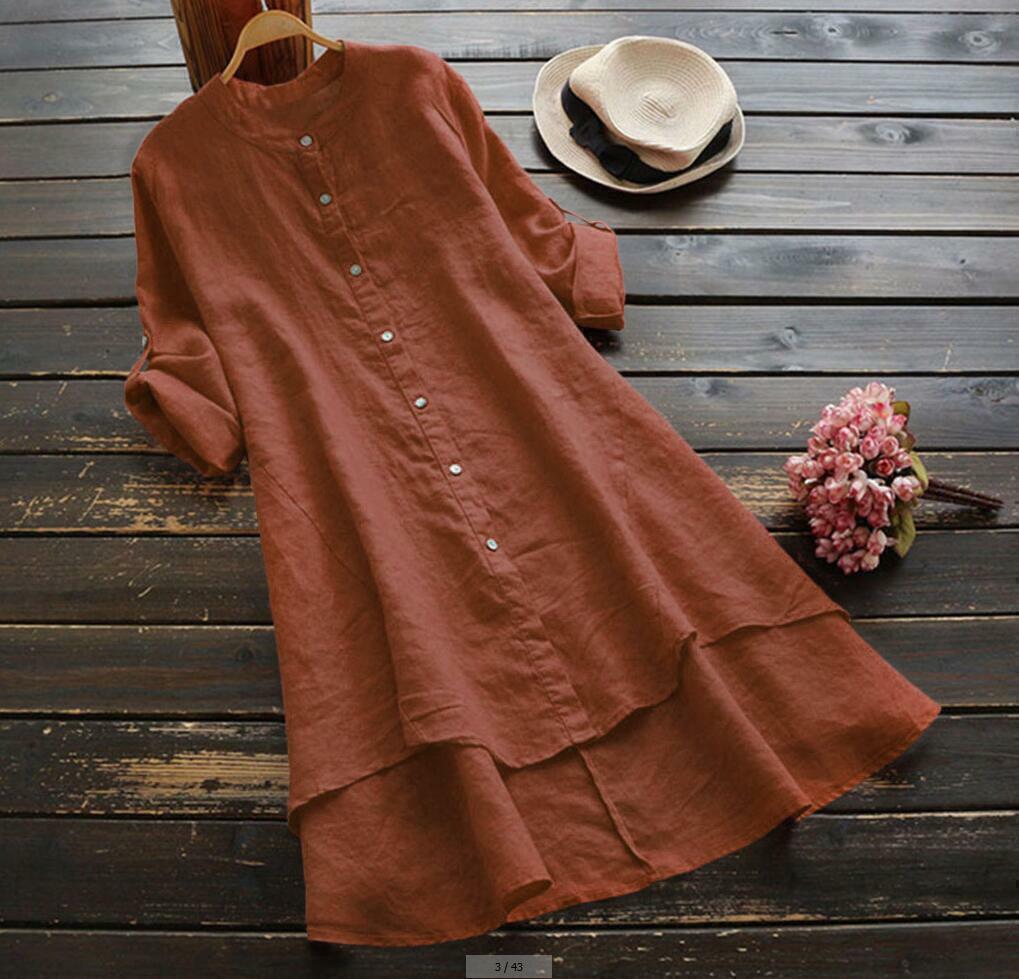 Womens Summer Loose Comfortable Long Skirt Cotton and Hemp Long-Sleeved Dress