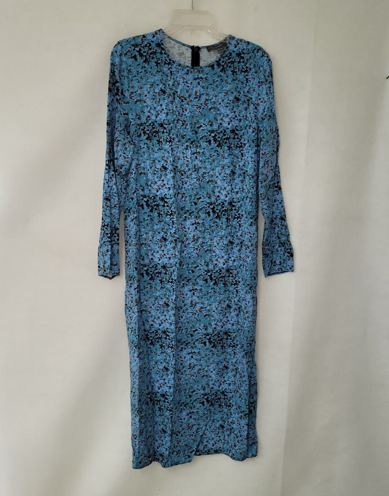 Primark Maxi Dress Womens 10 Long Sleeve Straight Viscose Blue Print Slit *Flaw