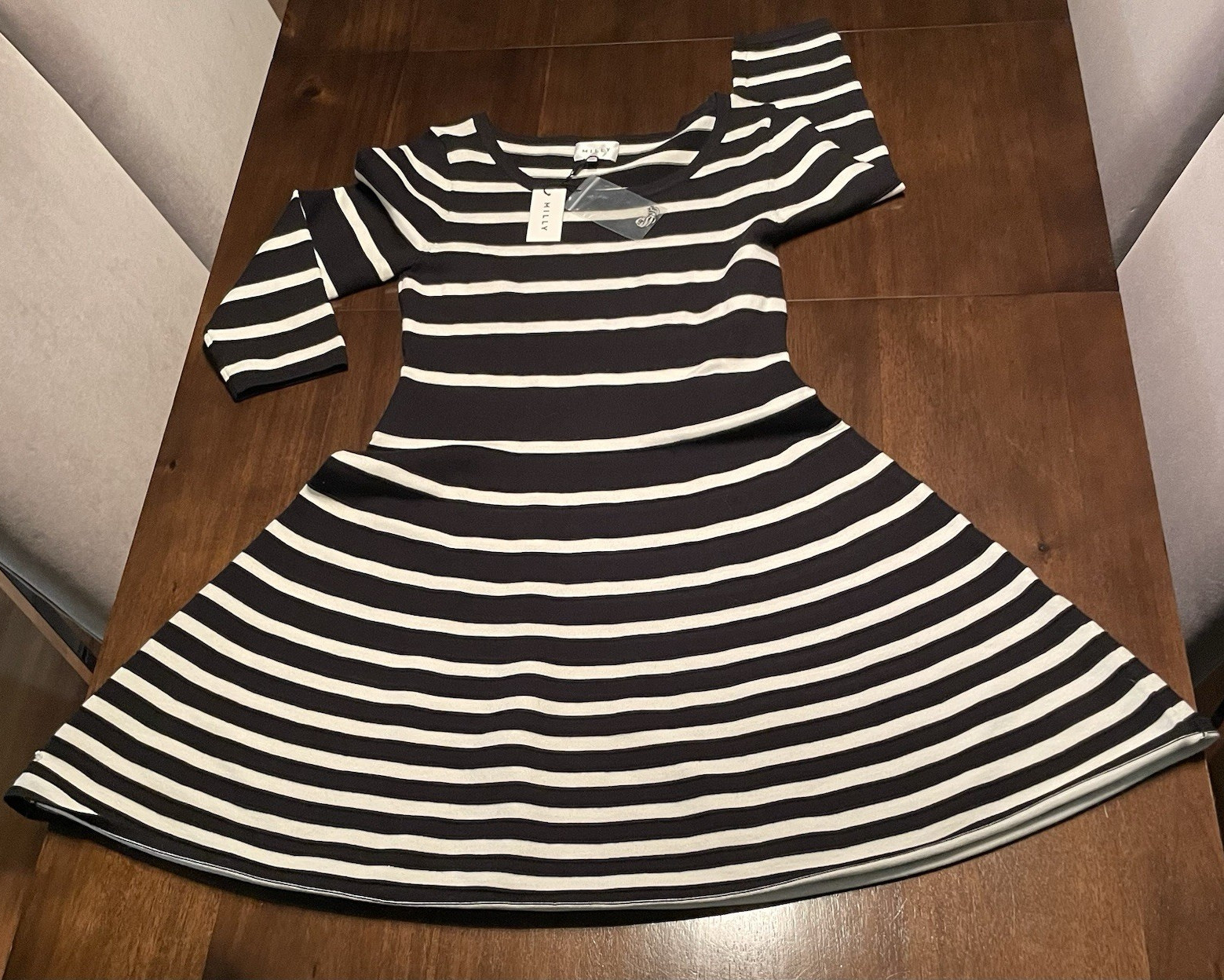 Milly NWT Black White Striped Ribbed Knit Fit & Flare Boat Neck Dress Size L