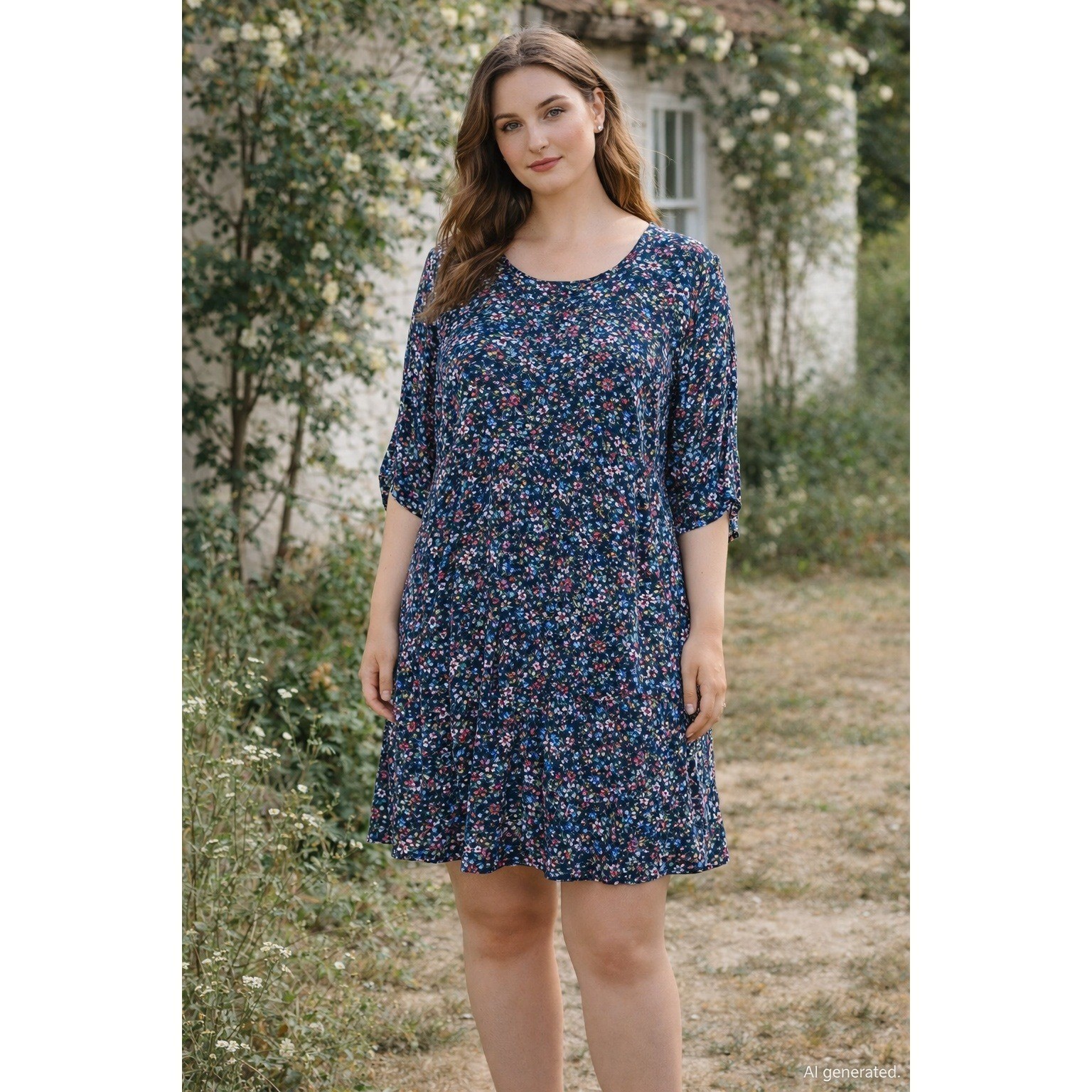 CeCe Womens Floral Dress Sz XL Navy Multicolor Knee Length Boho Romantic Cottage