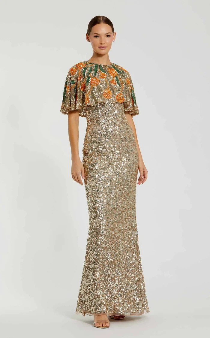Mac Duggal Gold Multi Embellished Floral Beaded Sequin Cape Gown Size 10 $698
